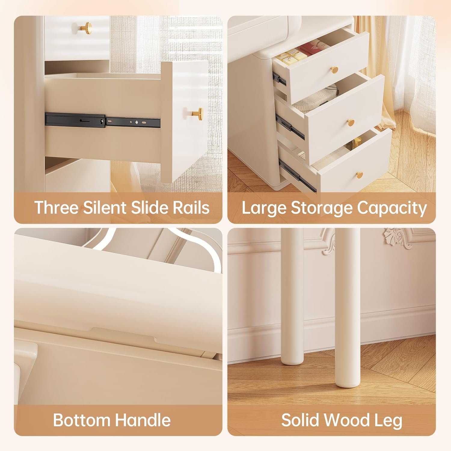 GraceNook White Makeup Vanity Desk, Vanity Desk with Lighted Mirror, 3 Lighting Modes Brightness Adjustable, Hidden Sliding Length, Bedroom White Vanity Table Set with 3 Drawers Separate Cabinets