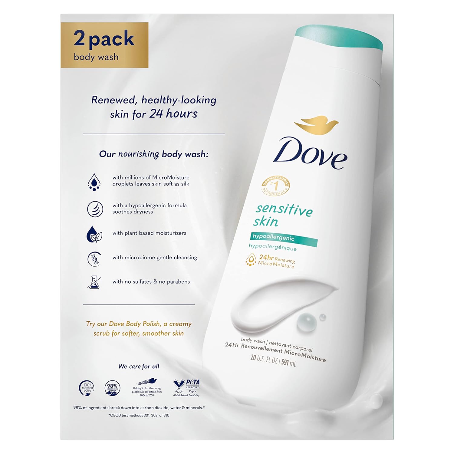 Dove Body Wash 3 Count with Pump Sensitive Skin Hypoallergenic, Paraben-Free, Sulfate-Free, Cruelty-Free, Moisturizing Skin Cleanser Effectively Washes Away Bacteria While Nourishing Skin 30.6 oz