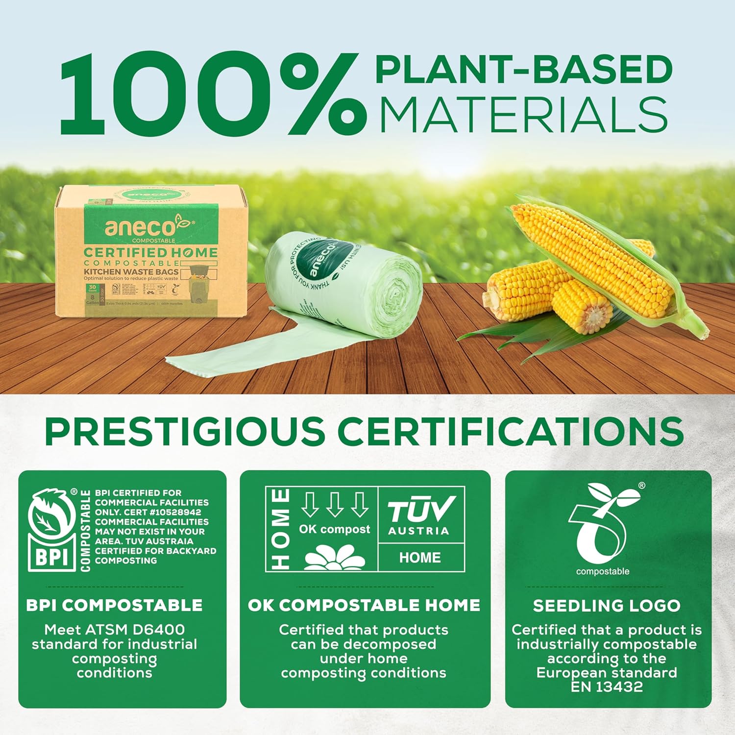 ANECO 100% Compostable Waste Bags 2.6 Gallon, Extra Thick Kitchen Small Compost Bags for Countertop Bin (100 Count)