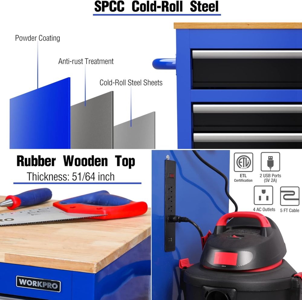 WORKPRO 46-Inch 9-Drawers Rolling Tool Chest, Mobile Tool Storage Cabinet with Wooden Top, Equipped with Casters, Handle, Drawer Liner, and Locking System, 1200 lbs Load Capacity