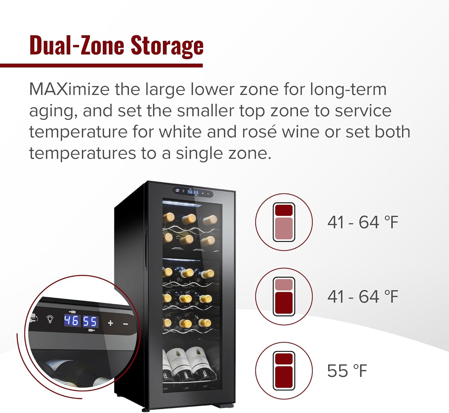Wine Enthusiast 32-Bottle Dual Zone MAX Compressor Wine Cooler - Freestanding Refrigerator with Split Storage & Temperature, Digital Touchscreen, & LED Display