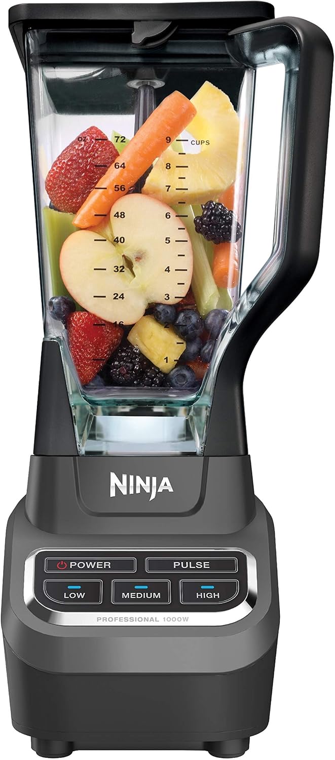 Ninja Blender, For-Smoothies, Salsa, Shakes, Slush, and-Frozen Drinks, Blender, Pitcher, and-Lid, Blender for-Kitchen, Crushes Ice, Fruit, and-Veggies, 1000-Watt, Dishwasher Safe, Black, NJ601AMZ​