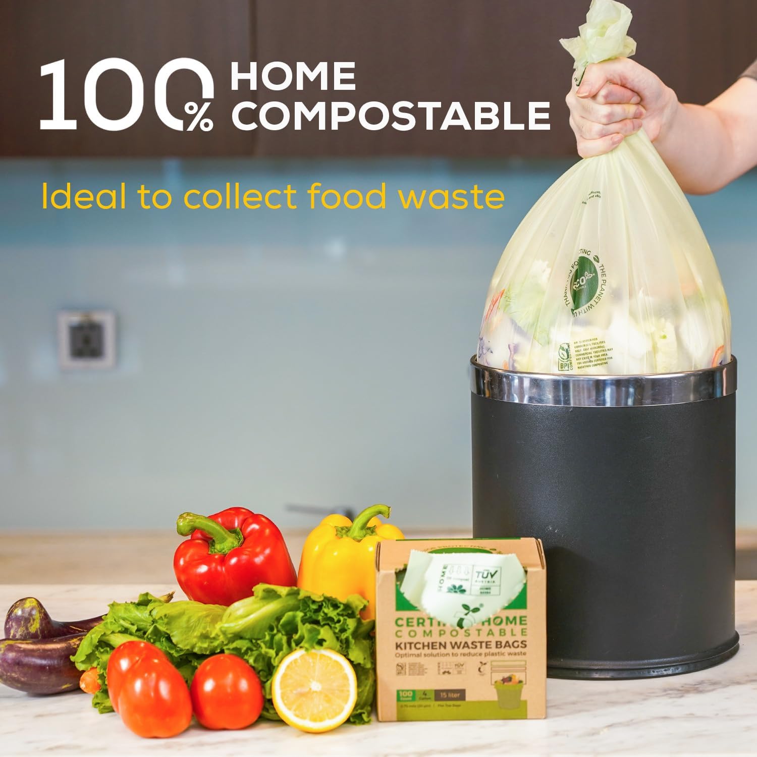 ANECO 100% Compostable Waste Bags 2.6 Gallon, Extra Thick Kitchen Small Compost Bags for Countertop Bin (100 Count)