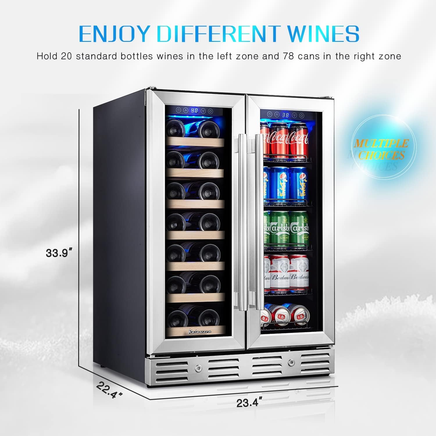 Kalamera 24 inch Wine Cooler, 46 Bottle - Dual Zone Built-in or Freestanding Fridge with Stainless Steel Reversible Glass Door, for Home, Kitchen, or Office.
