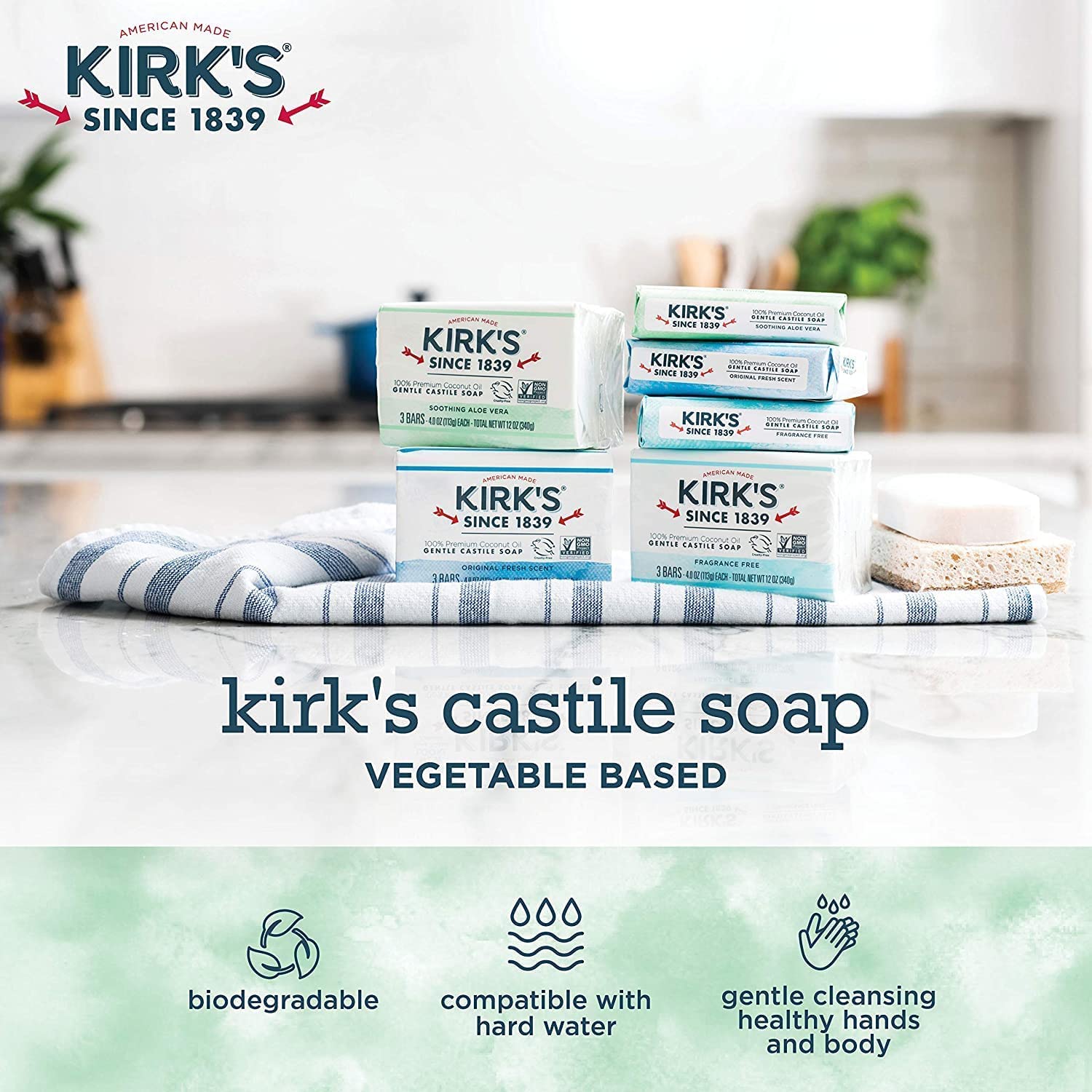 Kirk's Castile Bar Soap for Men, Women & Children - Made With Premium Coconut Oil, Sensitive Skin Formula, Vegan, Non GMO, Original Fresh Scent, 4 oz. Bars, 6 Pack