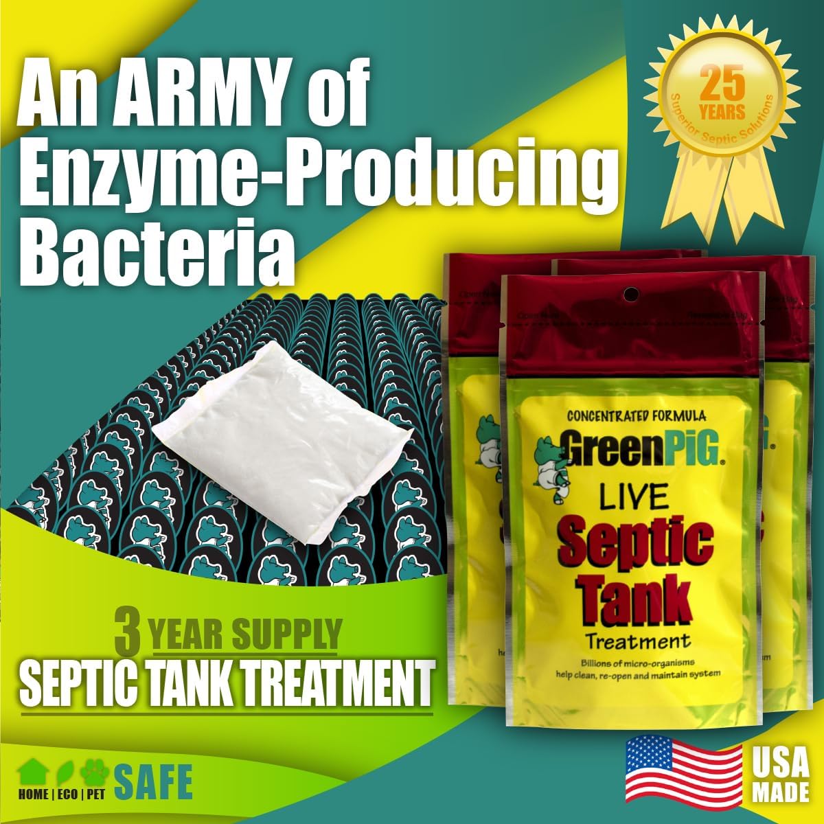Green Pig 52 Live Septic Tank Treatment Ultimate Solution in Preventing Expensive Backups, Clogs, or Drain Field Failures with 4-Easy Drop-in and Flush, 1-Year Supply- 4 Packets, 4 Count