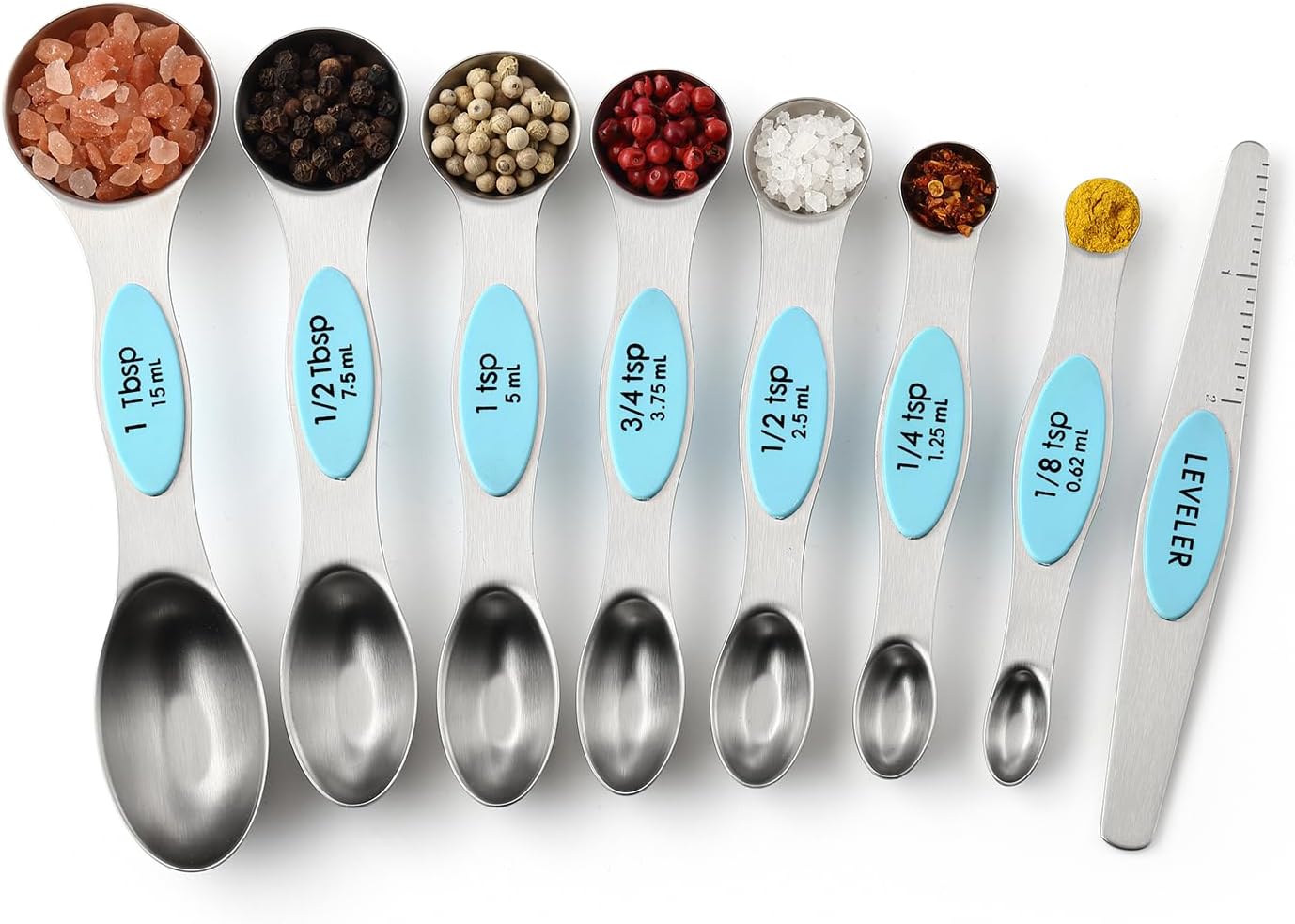 Spring Chef Magnetic Measuring Spoons Set with Strong N45 Magnets, Heavy Duty Stainless Steel Metal, Fits in Most Kitchen Spice Jars for Baking & Cooking, BPA Free, Black, Set of 8 with Leveler