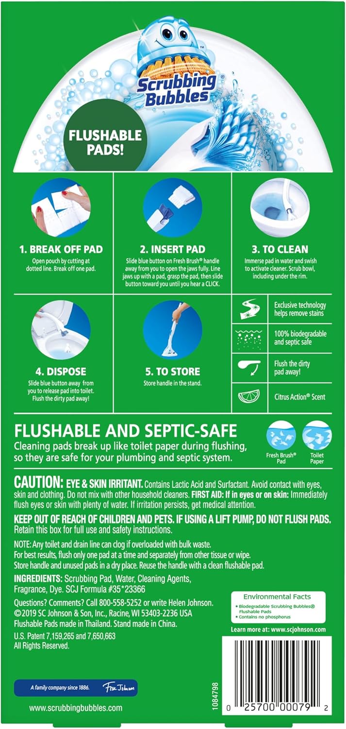 Scrubbing Bubbles Flushable Toilet Wand Refills, Fresh Brush Toilet Cleaner Refill Pads, Cleans Limescale & Fights Odors, Citrus Scent, 20 Count, Pack of 1