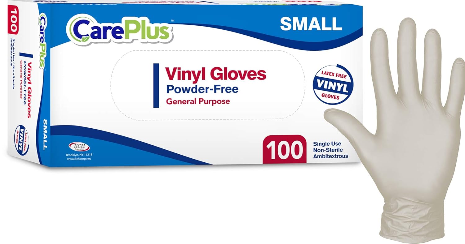 Care Plus Medium Size Disposable Vinyl Gloves Heavy Duty Non Sterile Powder Free Latex Free Rubber 100 Count Box food Safe