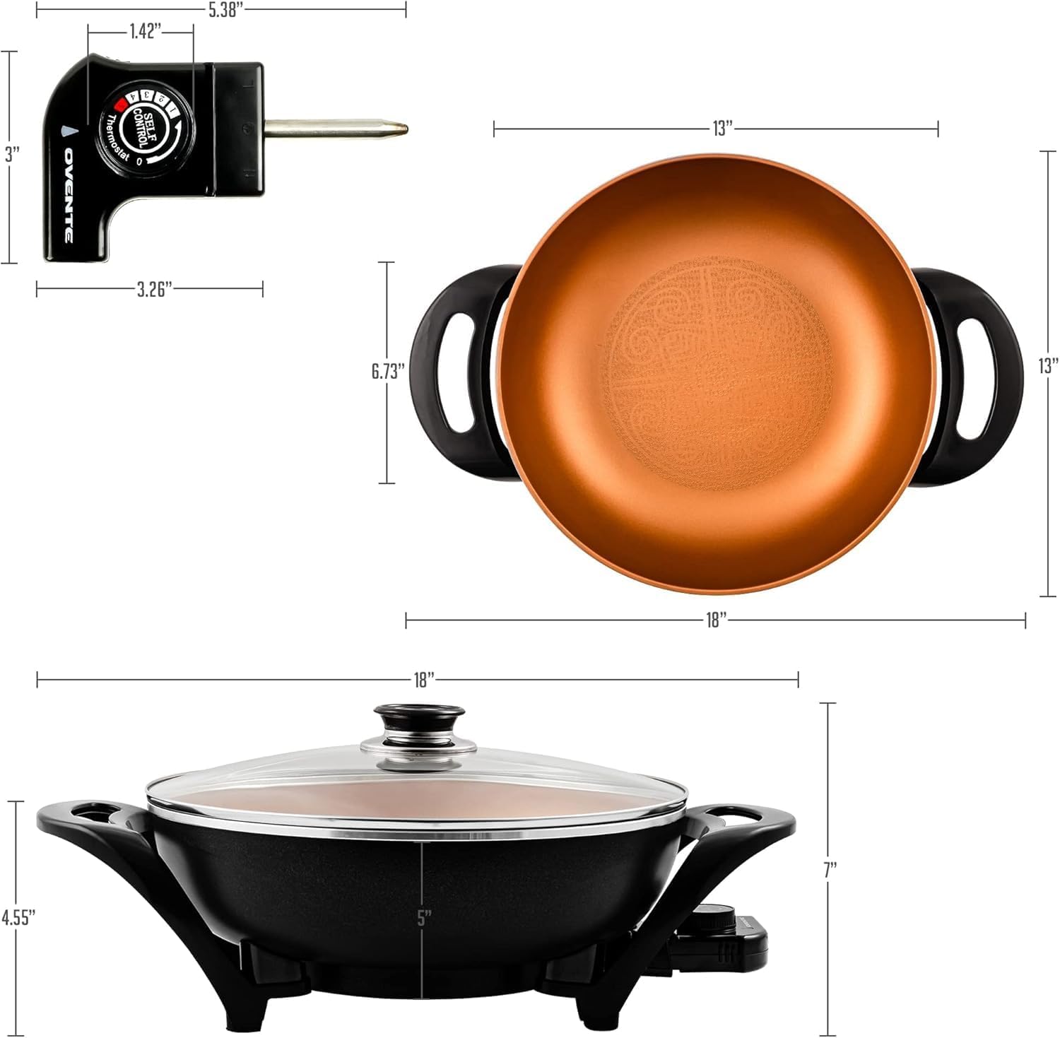 OVENTE 12 Inch Electric Skillet and Frying Pan with Nonstick Coating, 1400W Power, Adjustable Temperature Control, Tempered Glass Lid with Vent and Cool Touch Handles, Black SK11112B