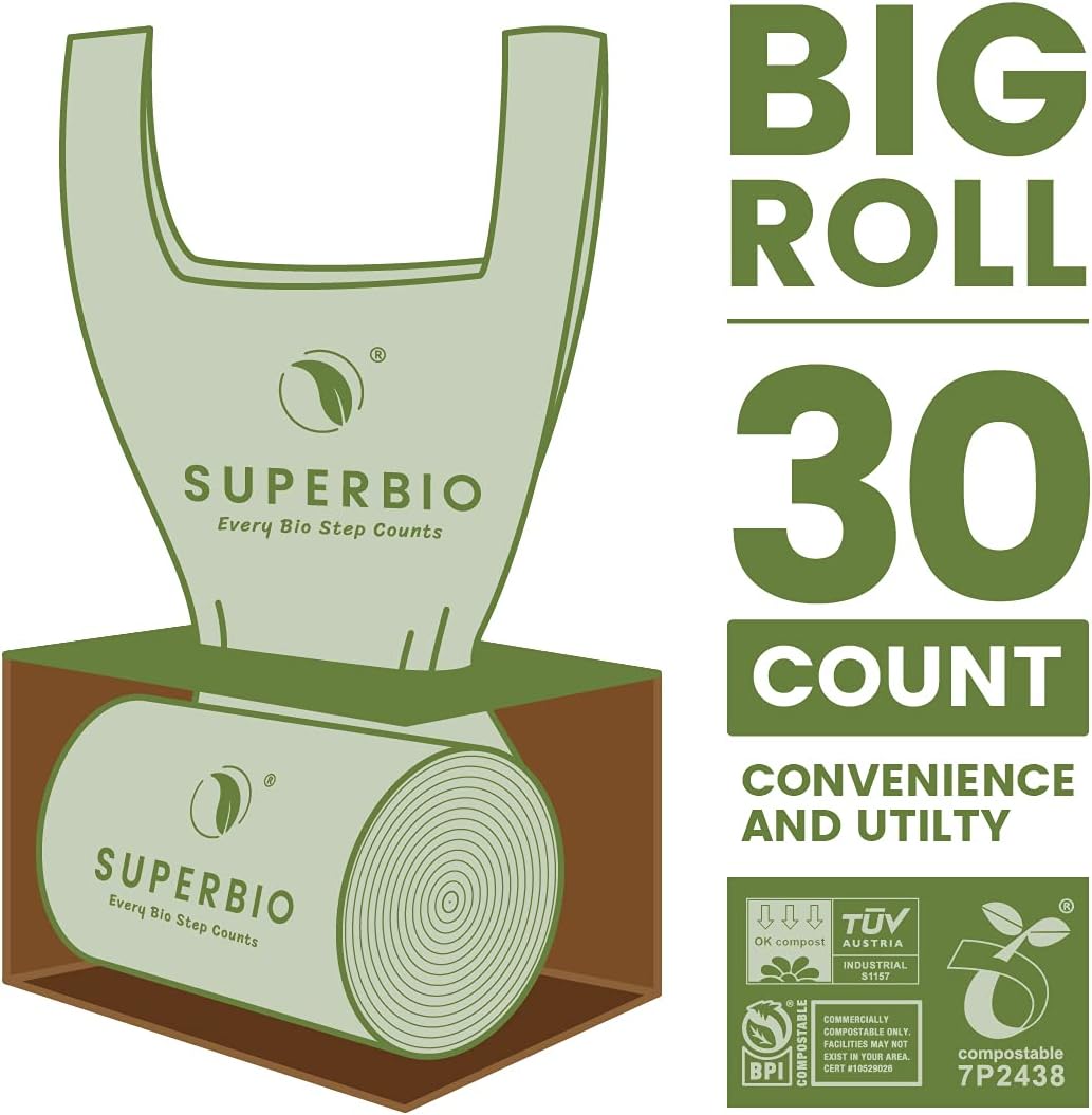 SUPERBIO 1.6 Gallon Handle Tie Compostable Food Scrap Bags For Counter Top Compost Bin, Small Compost Bags, 50 Count, 6 Liter, BPI & OK compost INDUSTRIAL Certified