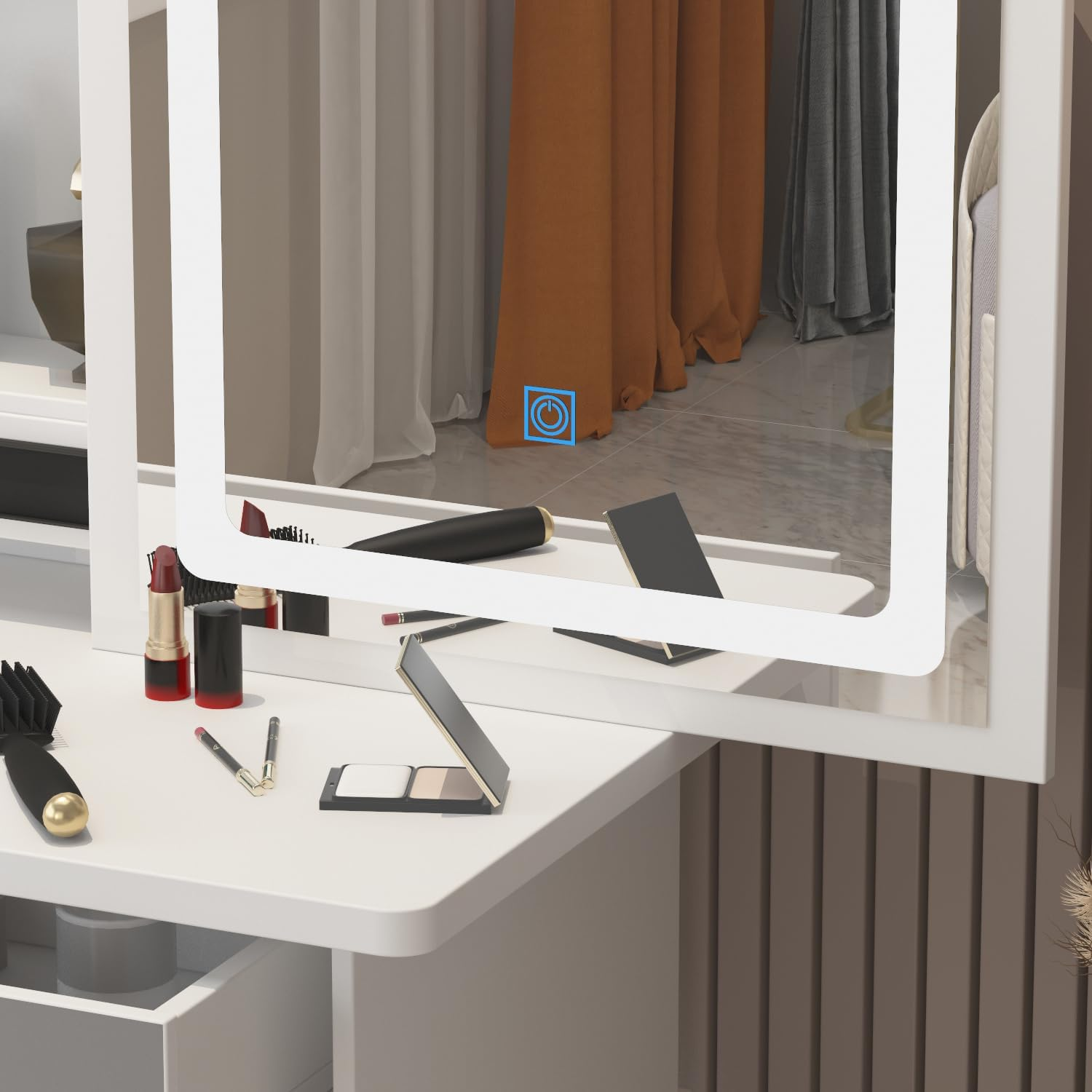 PREMTURE Dressing Table with LED Lighting, Cosmetic Table with Open Shelf and 4 Drawers, Dressing Table with Stool, Dressing Tables, Large Storage Space, MDF, 90 W x 40 D x 135 H cm