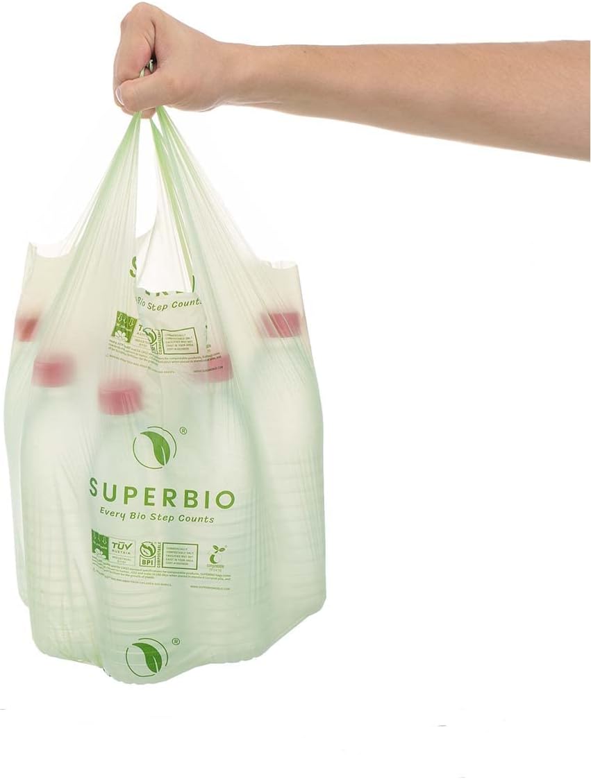 SUPERBIO 1.6 Gallon Handle Tie Compostable Food Scrap Bags For Counter Top Compost Bin, Small Compost Bags, 50 Count, 6 Liter, BPI & OK compost INDUSTRIAL Certified