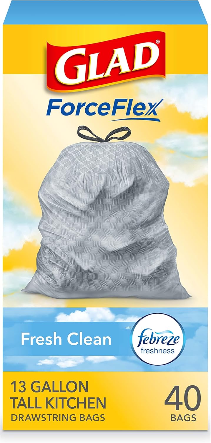 Glad Tall Kitchen Drawstring Trash Bags - Odorshield 13 Gallon White Trash Bag, Febreze Fresh Clean, 110 Count