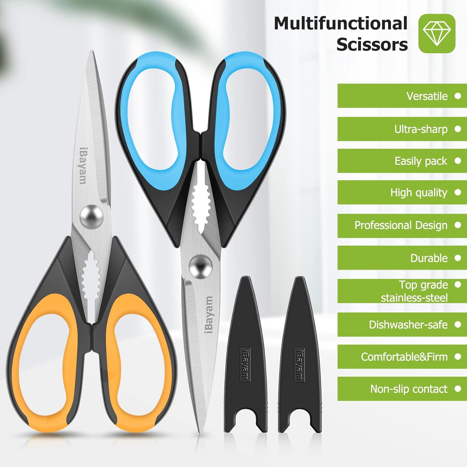 iBayam Kitchen Scissors All Purpose Heavy Duty Meat Poultry Shears, Dishwasher Safe Food Cooking Scissors Stainless Steel Utility Scissors, 2-Pack (Black Red, Black Gray)