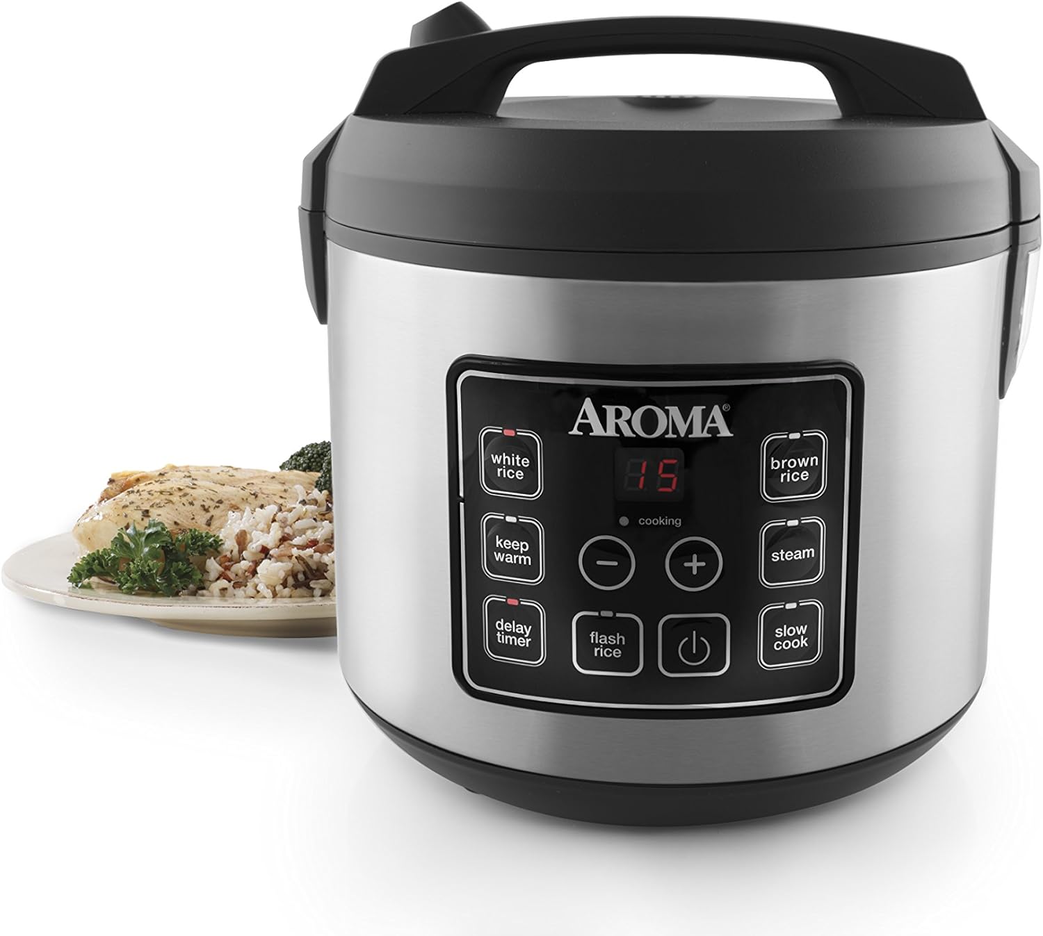 Aroma Housewares 20 Cup Cooked (10 cup uncooked) Digital Rice Cooker, Slow Cooker, Food Steamer, SS Exterior (ARC-150SB),Black