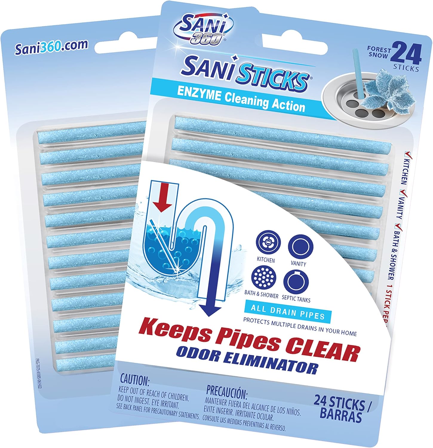 SANI 360° Sani Sticks Drain Cleaner and Deodorizer, Enzyme Pipe Cleaners, Eliminate Odors, Prevent Clogged Drains, Safe for Sinks, Bathtub Drains, Septic Tanks, 24 Count, Lemon Scent
