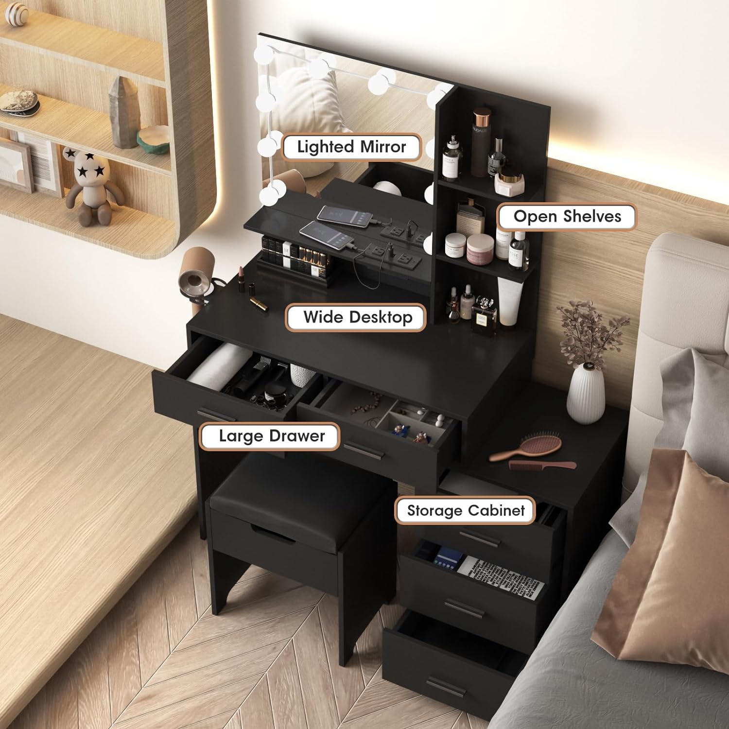 Maupvit Vanity Desk with Mirror and Lights, White Vanity with Bedside Table, 5 Drawers Large Capacity, Metal Silver Handle, Makeup Vanity with 10 Led Lights And Charging Station