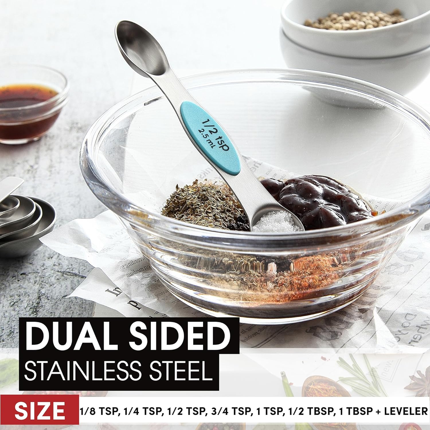 Spring Chef Magnetic Measuring Spoons Set with Strong N45 Magnets, Heavy Duty Stainless Steel Metal, Fits in Most Kitchen Spice Jars for Baking & Cooking, BPA Free, Black, Set of 8 with Leveler