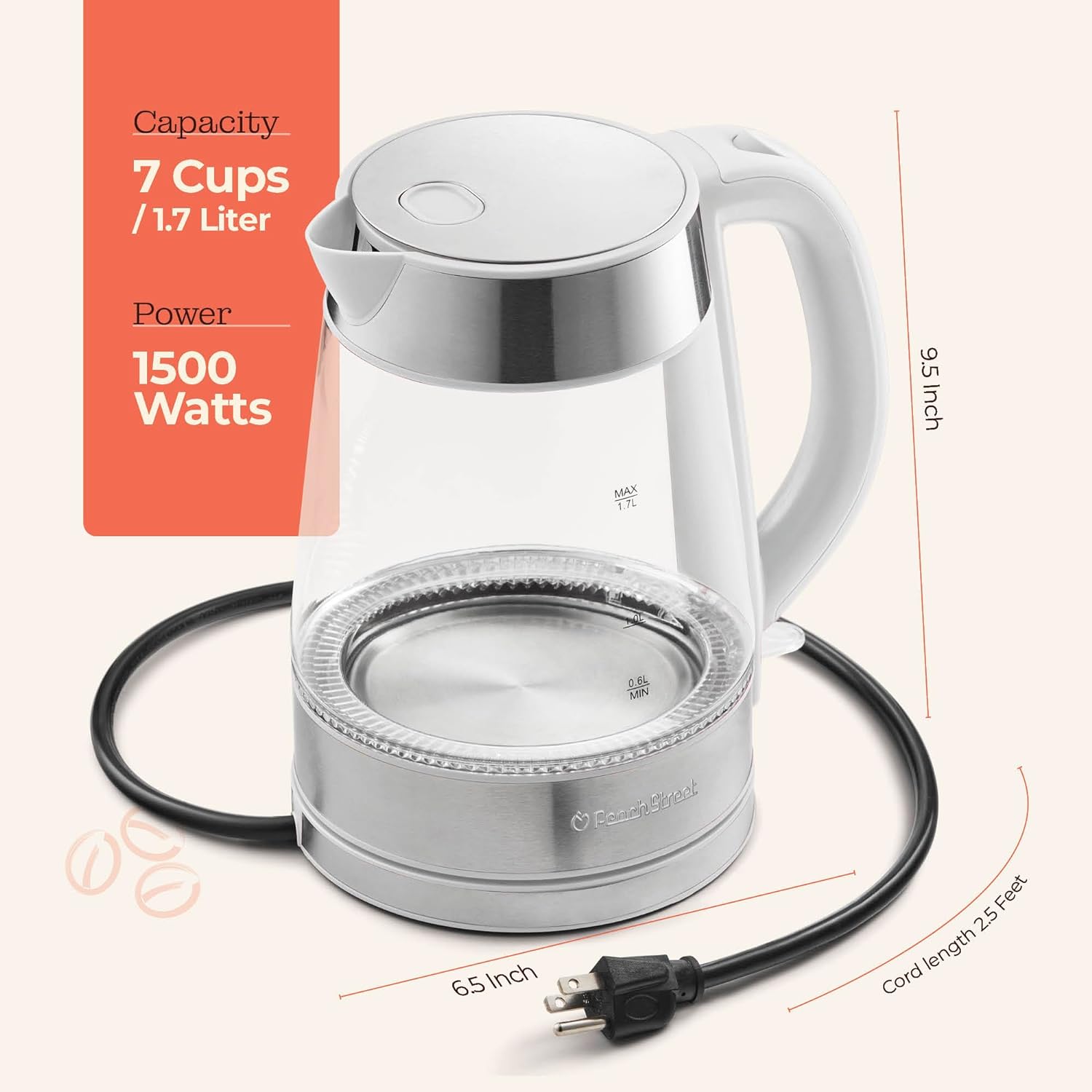 Speed-Boil Electric Kettle For Coffee & Tea - 1.7L Water Boiler 1500W, Borosilicate Glass, Easy Clean Wide Opening, Auto Shut-Off, Cool Touch Handle, LED Light. 360° Rotation, Boil Dry Protection