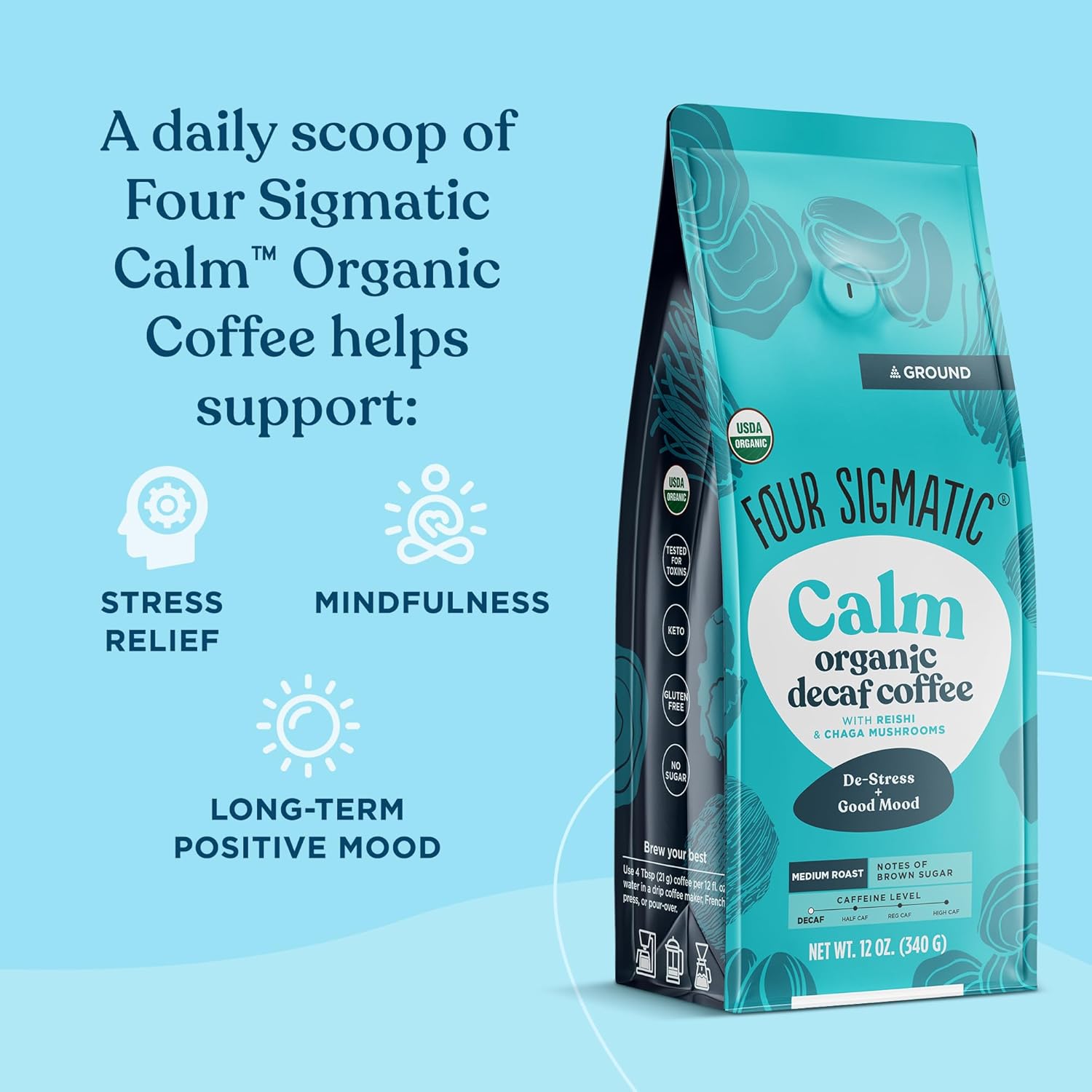 Four Sigmatic Think Mushroom Coffee | Organic Ground Coffee with Lion's Mane Mushroom and Chaga Mushroom | Nootropic Mushroom Coffee for Better Focus and Immune Support | 12oz Bag
