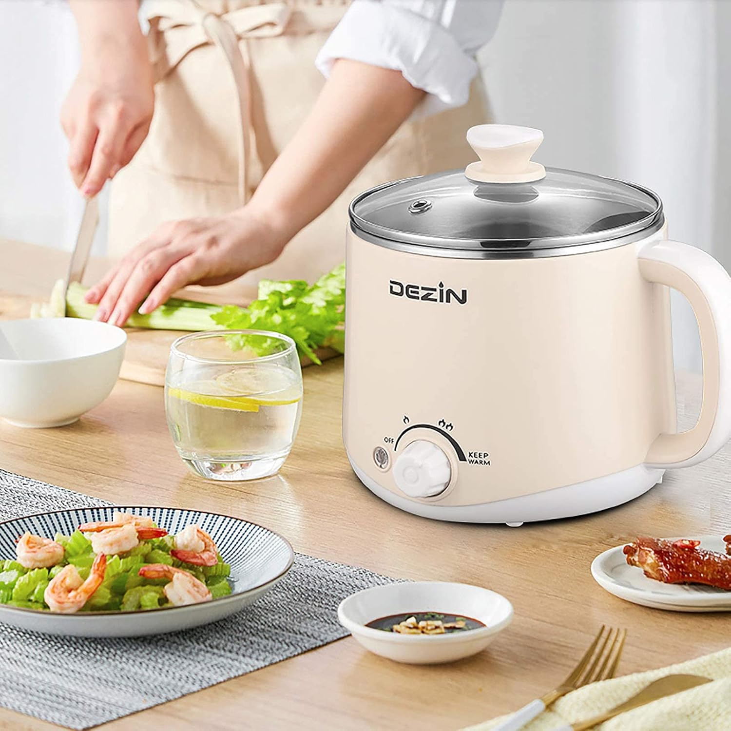 Dezin Electric Pot, 1.6L Ramen Cooker, Hot Pot Electric Stainless Steel, Multifunctional Electric Cooker for Egg, Pasta, Soup, Porridge, Oatmeal with Temperature Control and Keep Warm Function