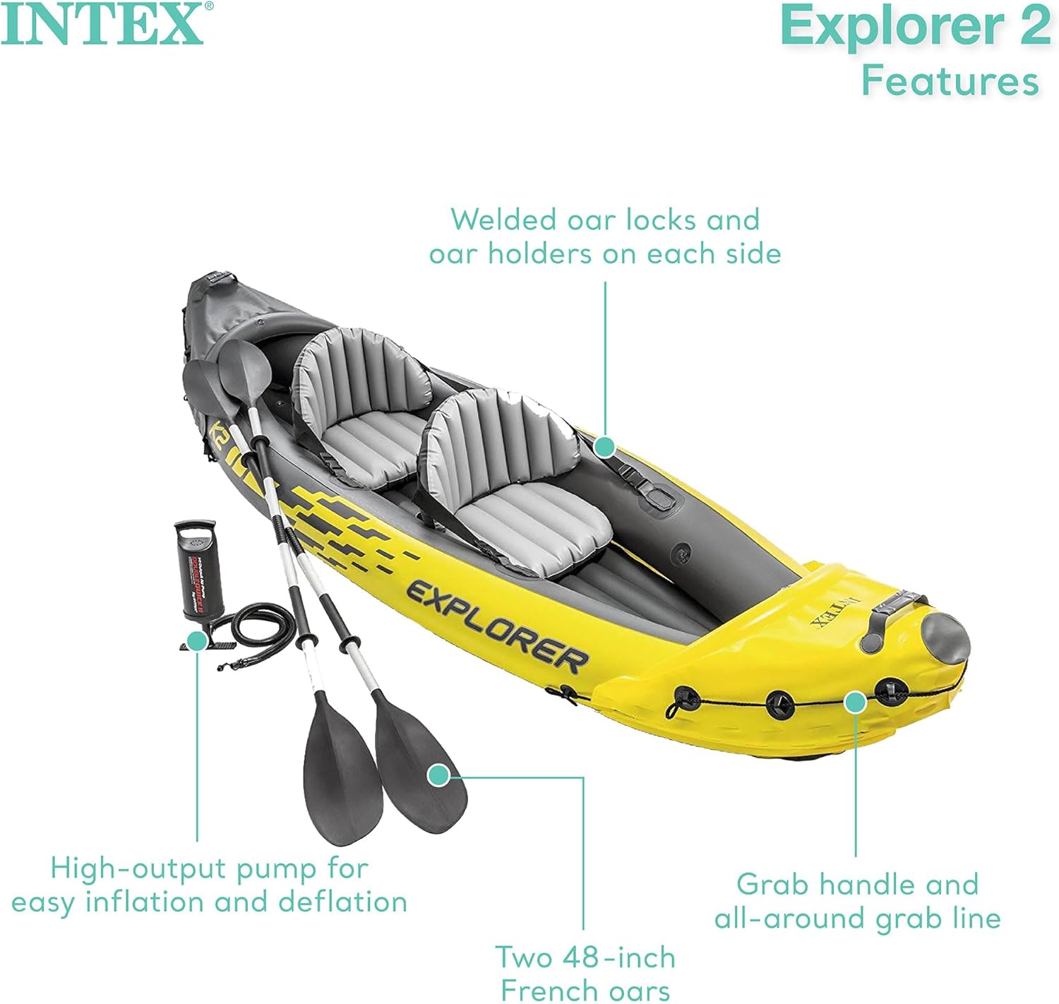 Intex 68307EP Explorer K2 Inflatable Kayak Set: Includes Deluxe 86in Aluminum Oars and High-Output Pump – SuperStrong PVC