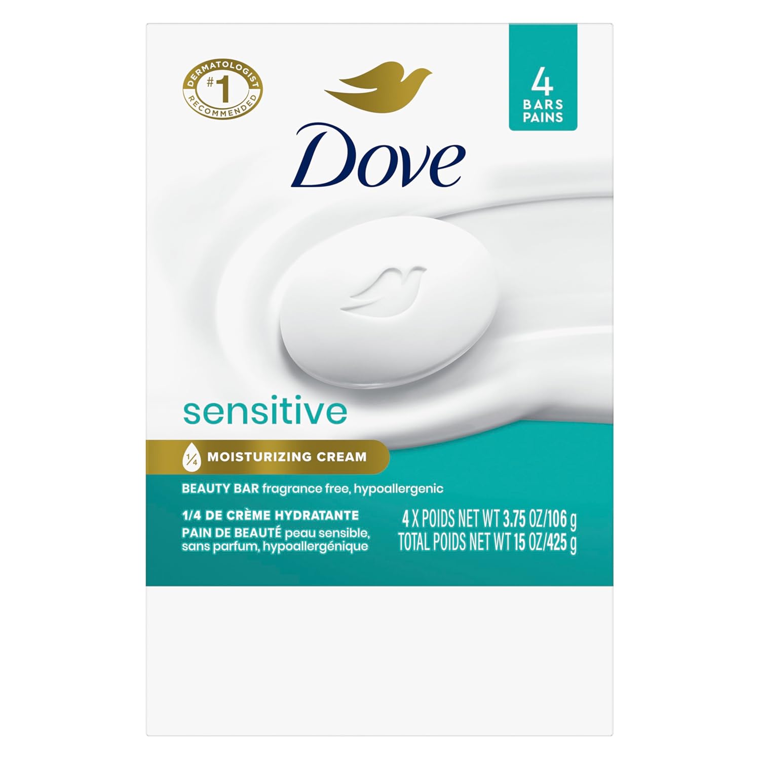 Dove Beauty Bar More Moisturizing Than Bar Soap for Softer Skin, Fragrance-Free, Hypoallergenic Beauty Bar Sensitive Skin With Gentle Cleanser 3.75 oz 14 Bars