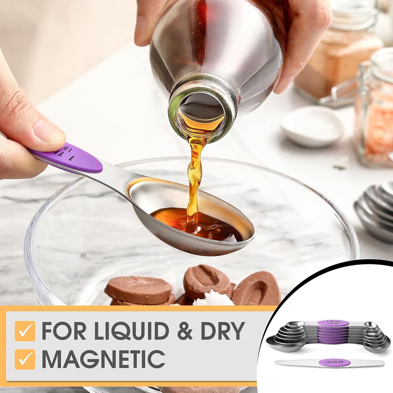 Spring Chef Magnetic Measuring Spoons Set with Strong N45 Magnets, Heavy Duty Stainless Steel Metal, Fits in Most Kitchen Spice Jars for Baking & Cooking, BPA Free, Black, Set of 8 with Leveler