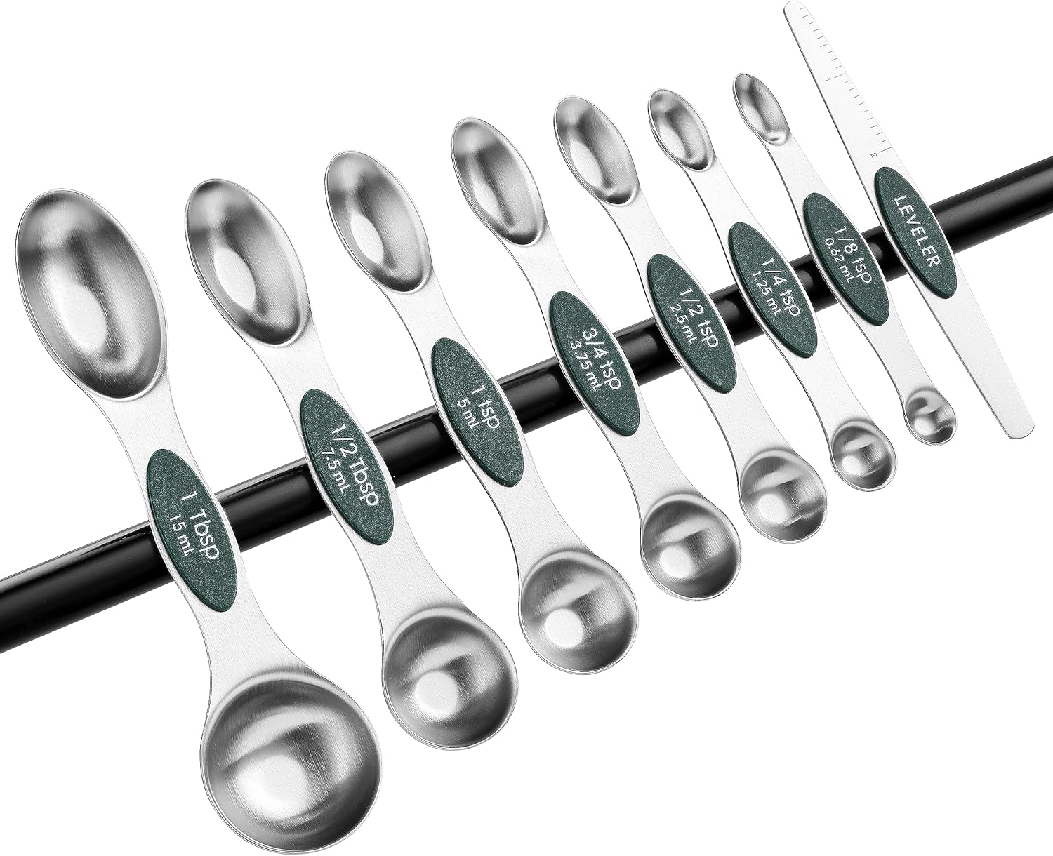 Spring Chef Magnetic Measuring Spoons Set with Strong N45 Magnets, Heavy Duty Stainless Steel Metal, Fits in Most Kitchen Spice Jars for Baking & Cooking, BPA Free, Black, Set of 8 with Leveler