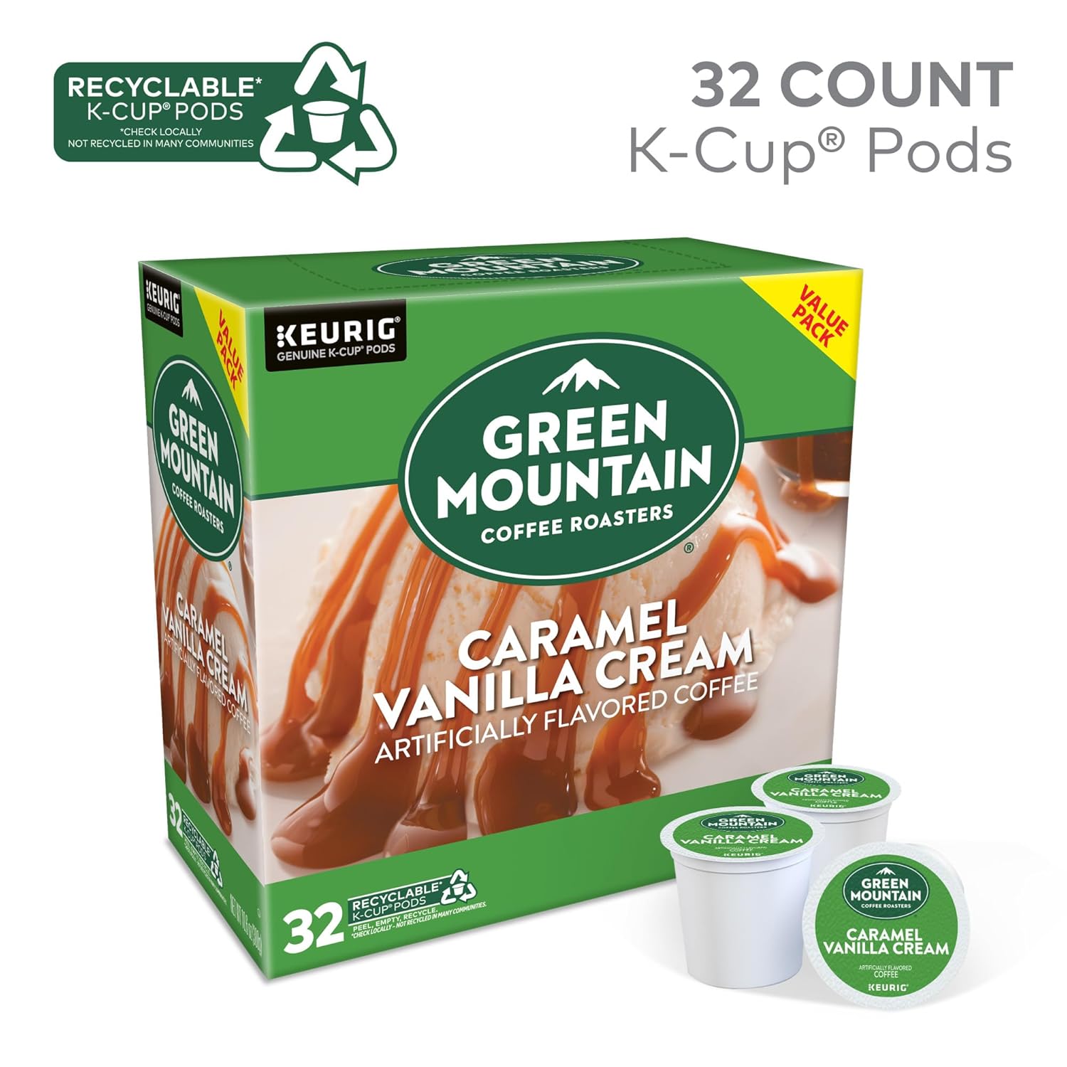 Green Mountain Coffee Roasters Caramel Vanilla Cream Keurig Single-Serve K-Cup pods, Light Roast Coffee, 72 Count (6 Packs of 12)