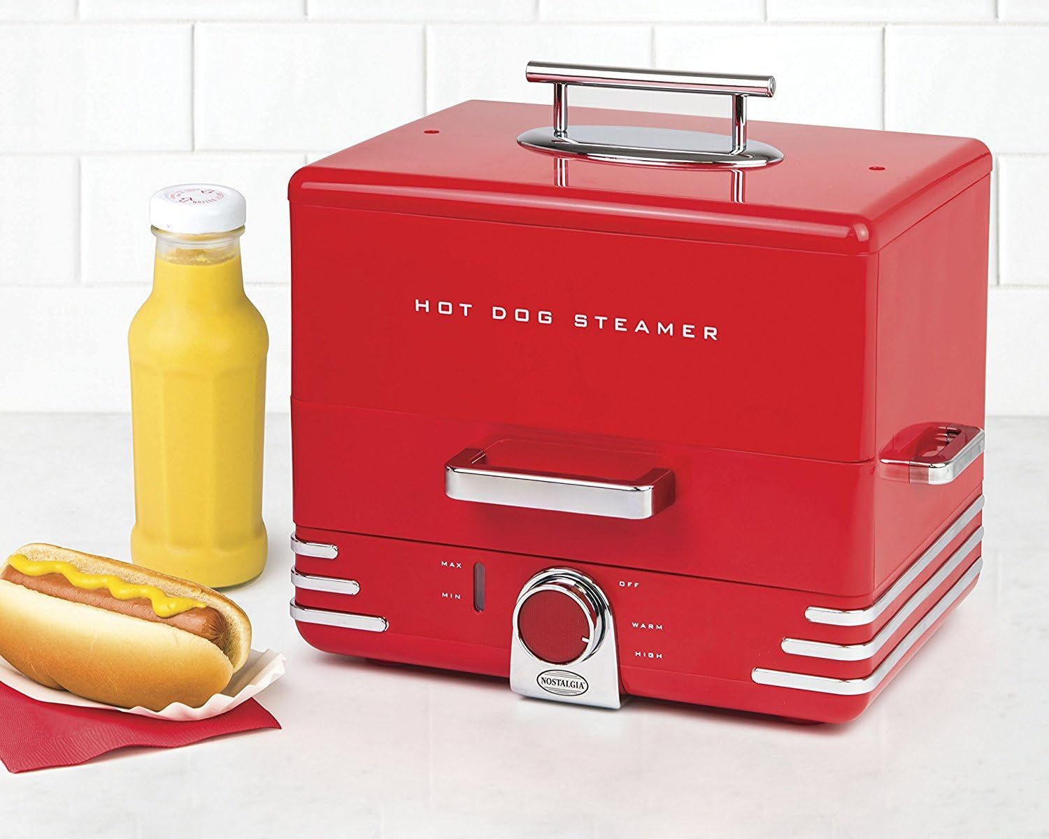 Nostalgia Extra Large Diner-Style Coca-Cola Hot Dog Steamer and Bun Warmer, 24 Hot Dog and 12 Bun Capacity, Steam Bratwursts, Sausages, Vegetables, Fish, Dumplings, Red