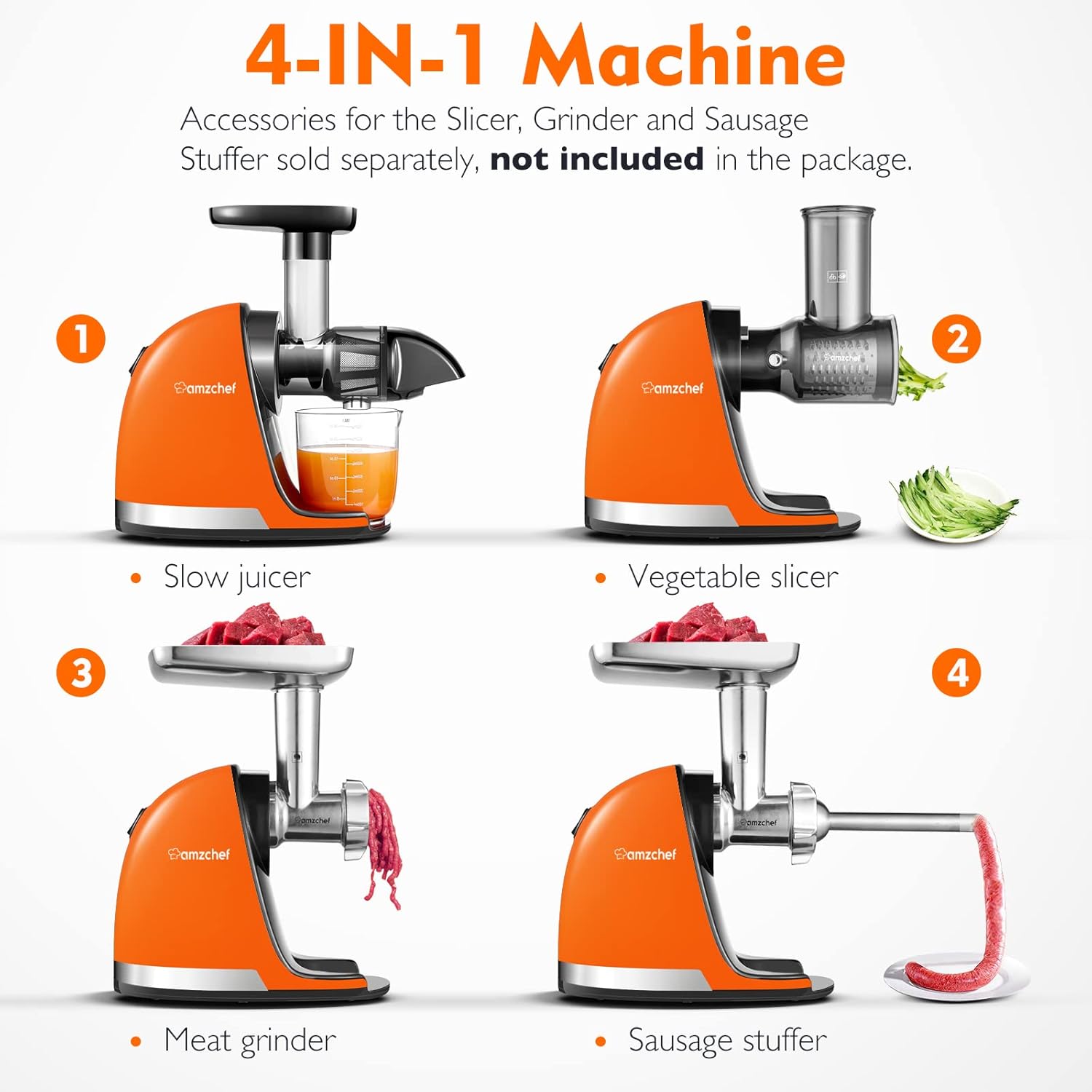 Masticating Juicer Machines, AMZCHEF Slow Cold Press Juicer with Reverse Function, High Juice Yield, Easy Clean with Brush,Recipes for High Nutrient Fruits and Vegetables, Gray(Updated)