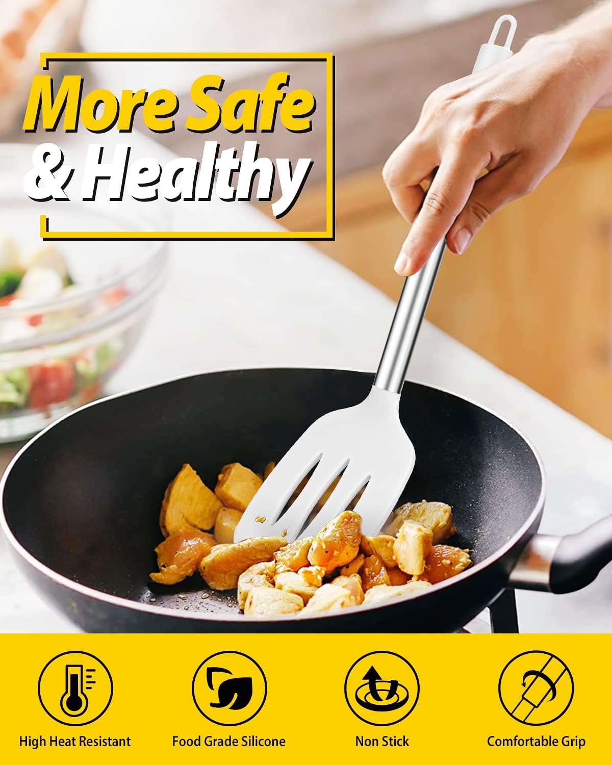 Pack of 2 Silicone Solid Turner,Non Stick Slotted Kitchen Spatulas,High Heat Resistant BPA Free Cooking Utensils,Ideal Cookware for Fish,Eggs,Pancakes (Black)