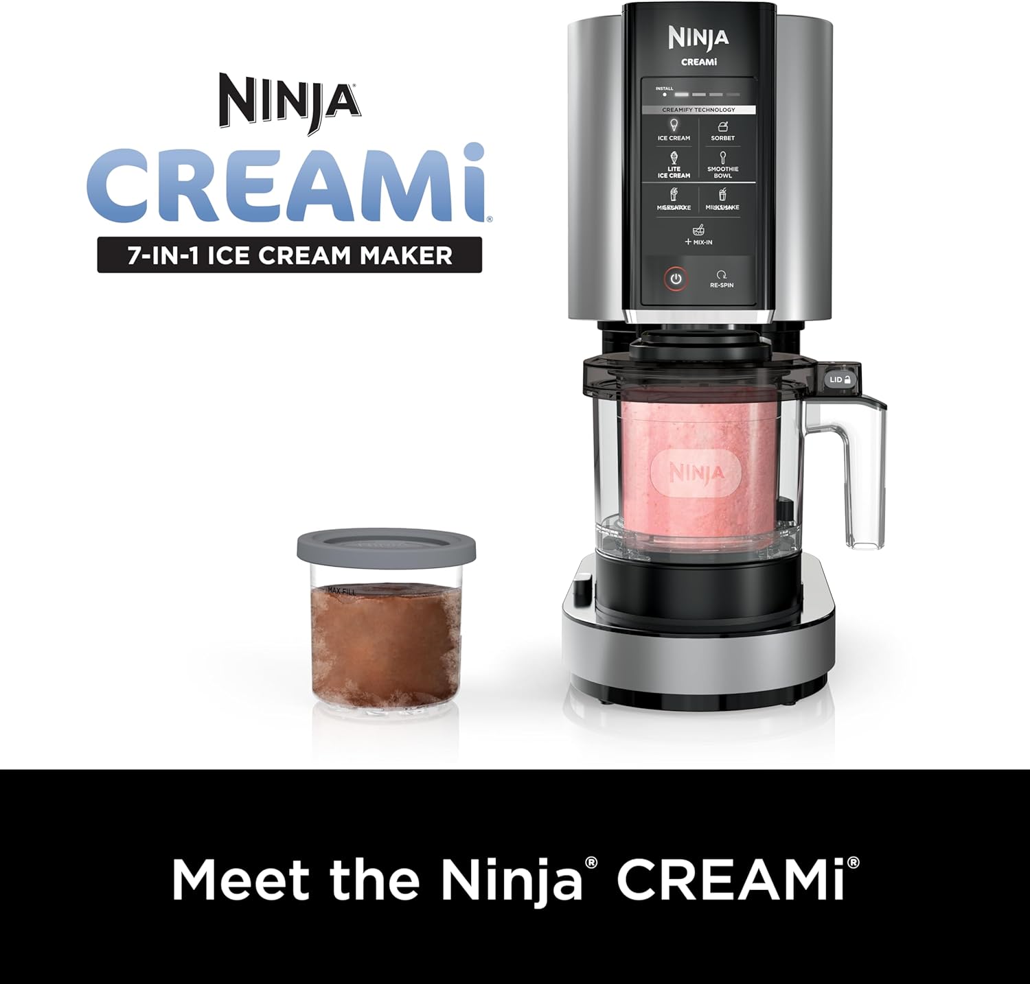 Ninja CREAMi, Ice Cream Maker, Ice Cream, Gelato, Sorbet ,Milkshakes, Mix-ins, Smoothie Bowls & More, 7-in-1, Ice Cream Pints, Pint lid, Healthy Ice Cream, Compact, Perfect for Kids, Black, NC299AMZ