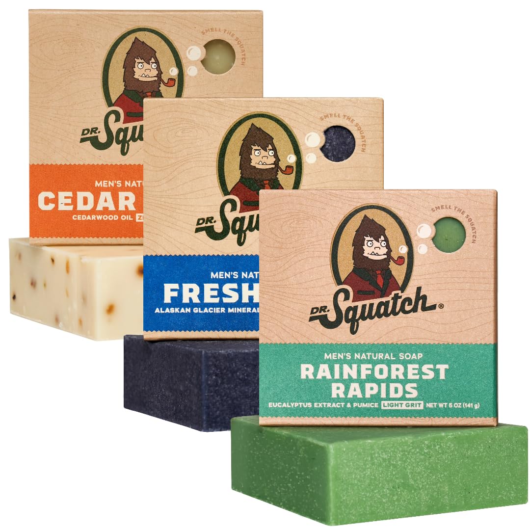 Dr. Squatch Men's Natural Bar Soap from Moisturizing Soap Made from Natural Oils - Cold Process Soap with No Harsh Chemicals - Wood Barrel Bourbon, Fresh Falls, Birchwood Breeze (3 Pack)