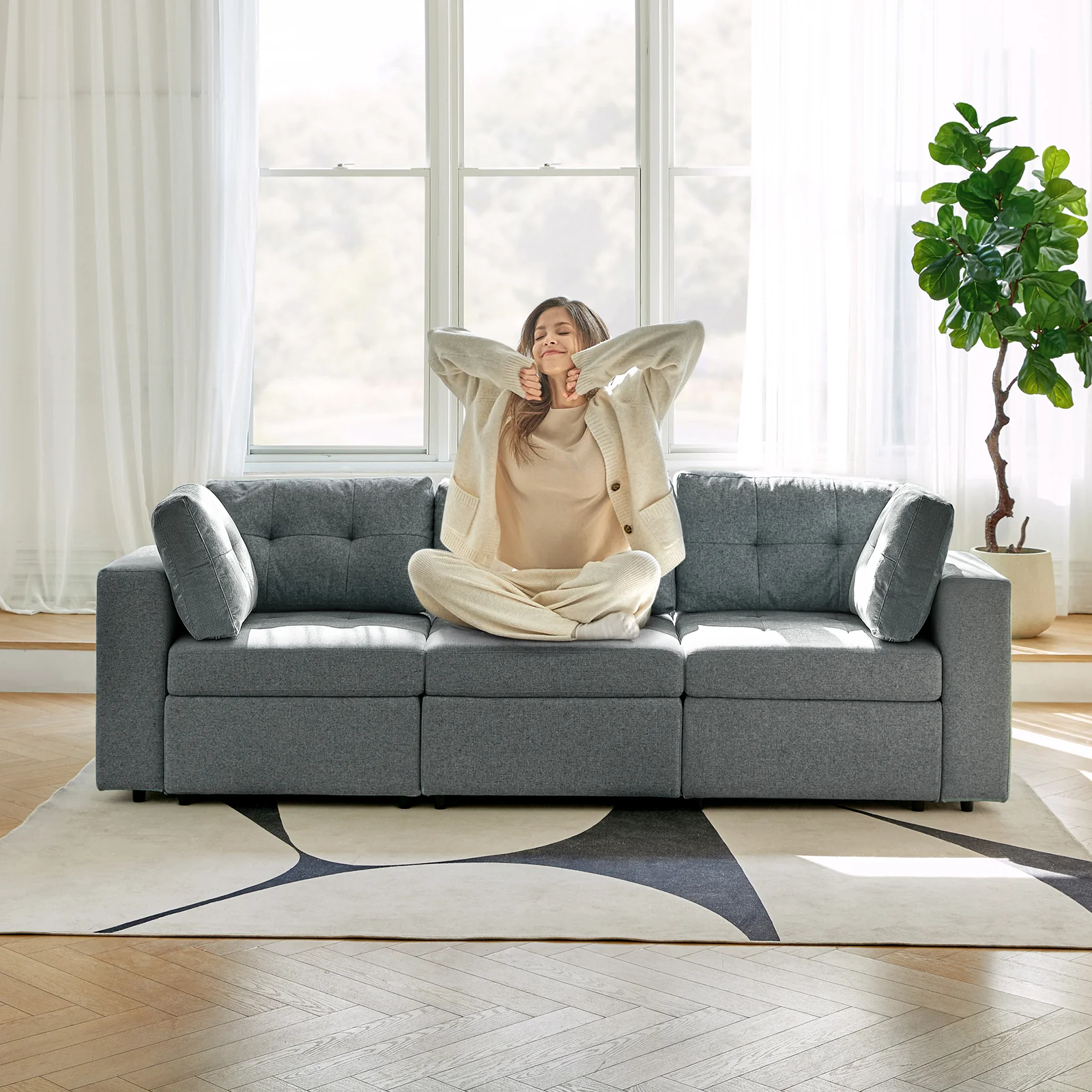 Raquel Sectional Three-Seat Storage Wide Armrests Sofa