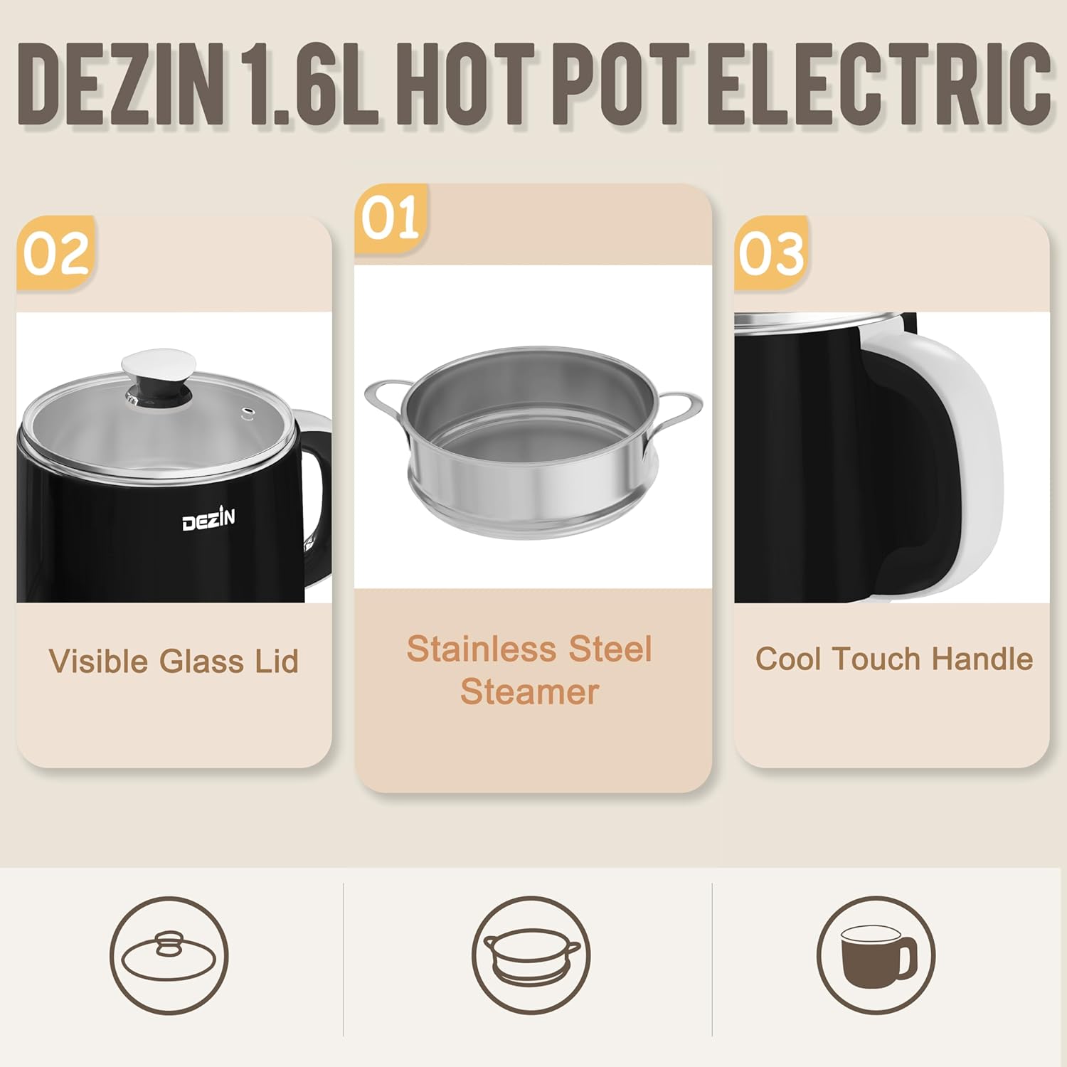 Dezin Electric Pot, 1.6L Ramen Cooker, Hot Pot Electric Stainless Steel, Multifunctional Electric Cooker for Egg, Pasta, Soup, Porridge, Oatmeal with Temperature Control and Keep Warm Function