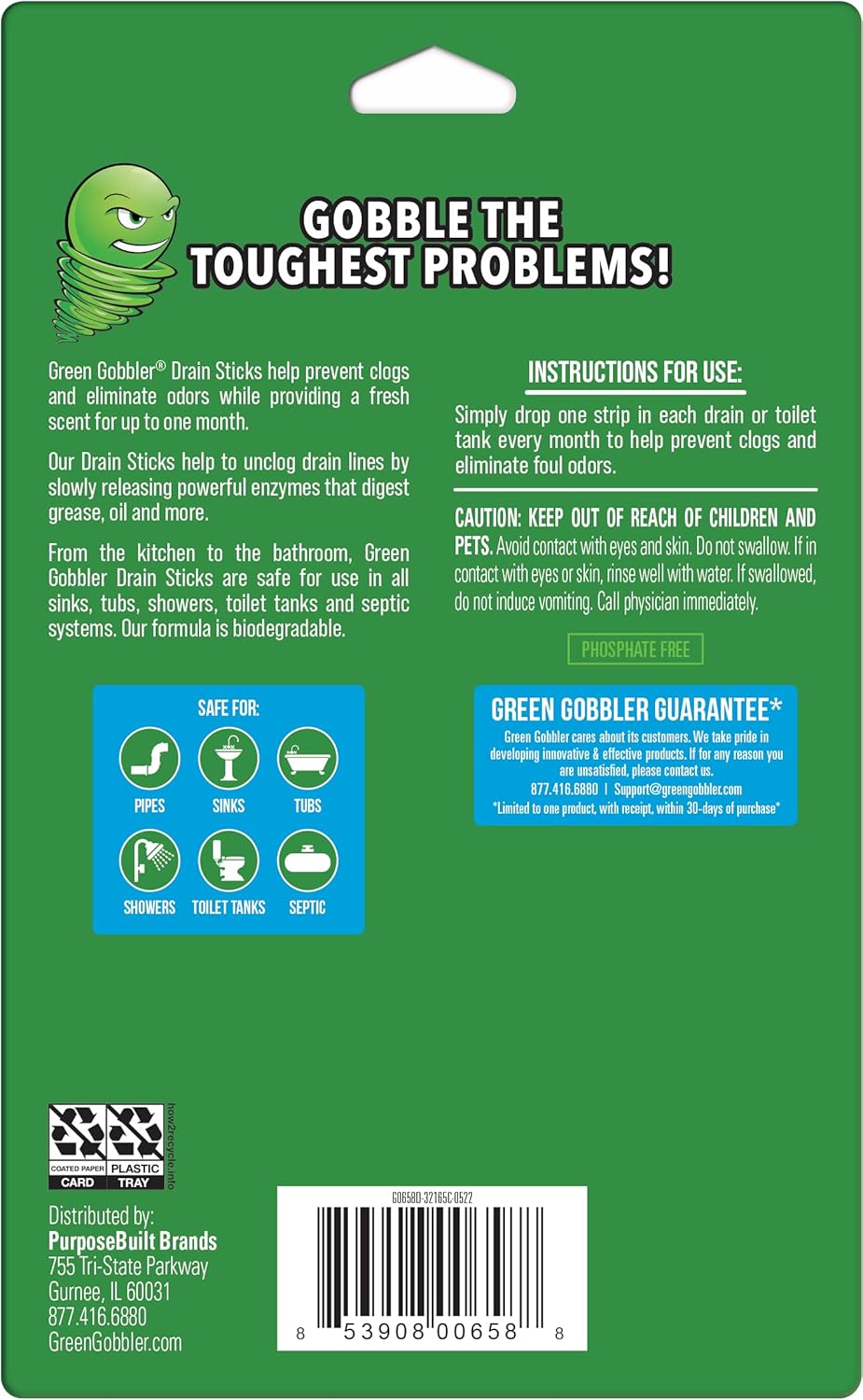 Green Gobbler Drain Cleaner & Deodorizer FRESH SCENT Sticks for Toilet Tanks, Sinks, Bathtub Drains, Washing Machine Drains and Garbage Disposals - 24 Pieces