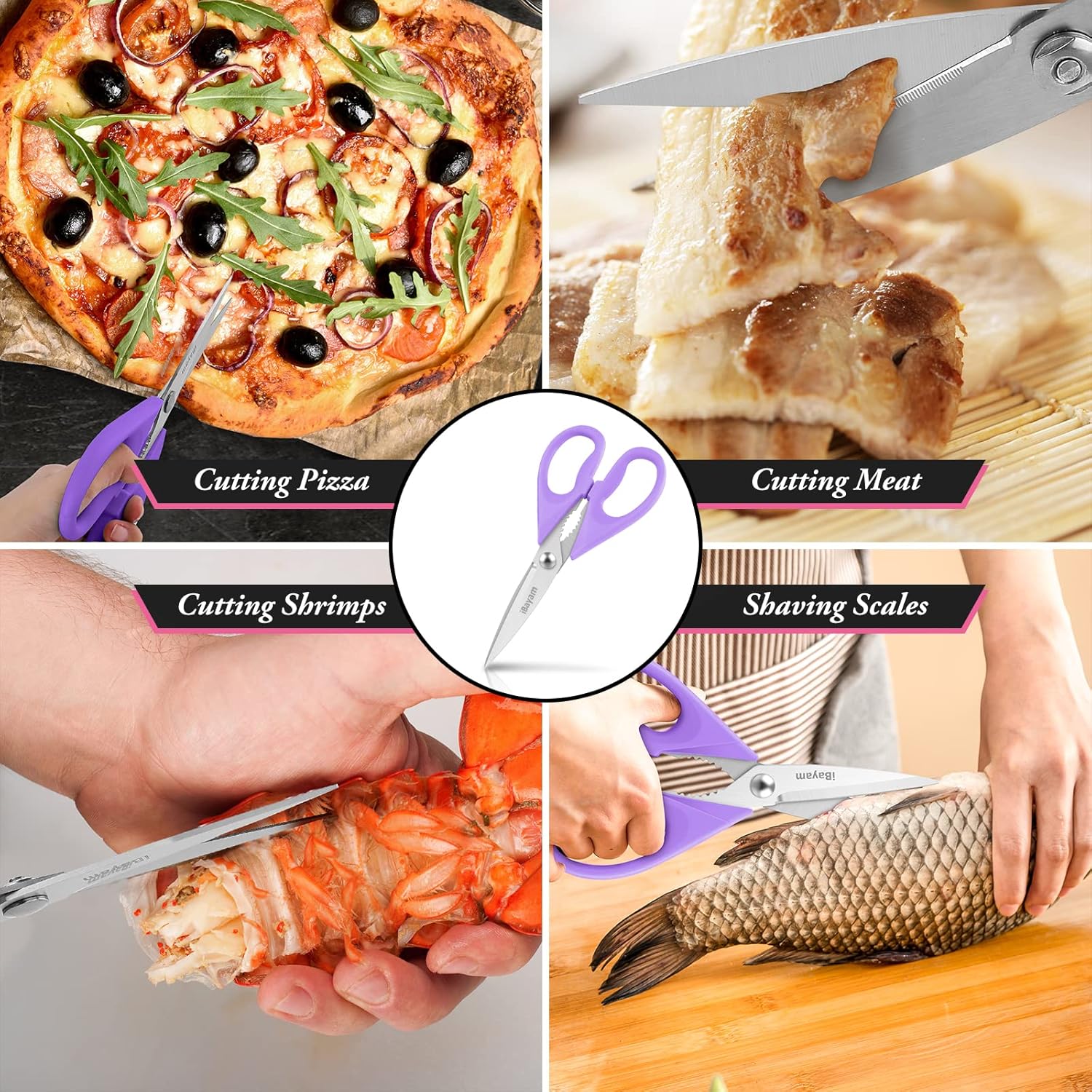 iBayam Kitchen Scissors All Purpose Heavy Duty Meat Poultry Shears, Dishwasher Safe Food Cooking Scissors Stainless Steel Utility Scissors, 2-Pack (Black Red, Black Gray)