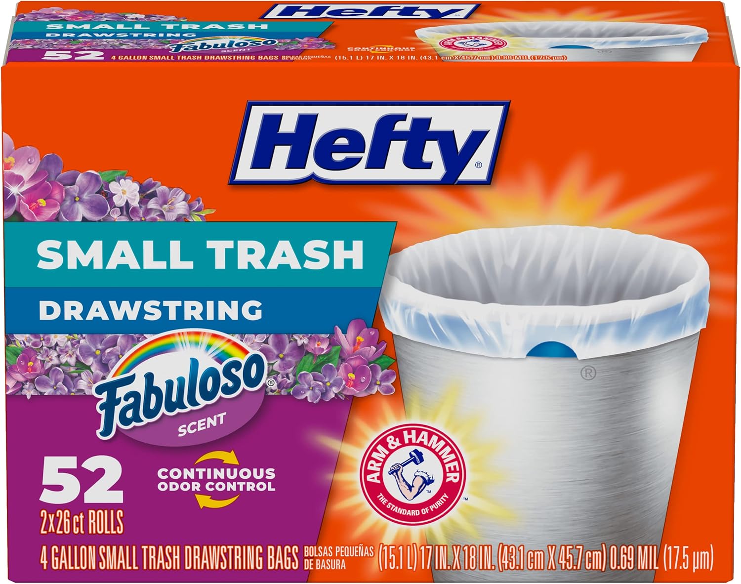 Hefty Small Garbage Bags, Flap Tie, Lavender & Sweet Vanilla Scent, 4 Gallon, 26 Count