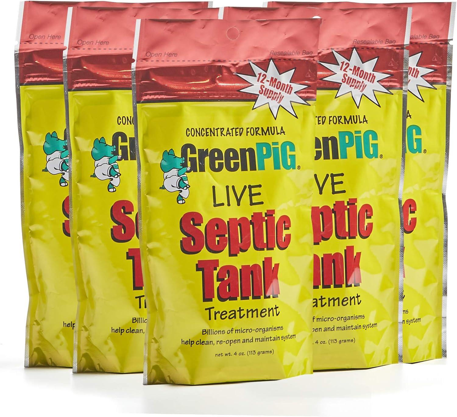 Green Pig 52 Live Septic Tank Treatment Ultimate Solution in Preventing Expensive Backups, Clogs, or Drain Field Failures with 4-Easy Drop-in and Flush, 1-Year Supply- 4 Packets, 4 Count