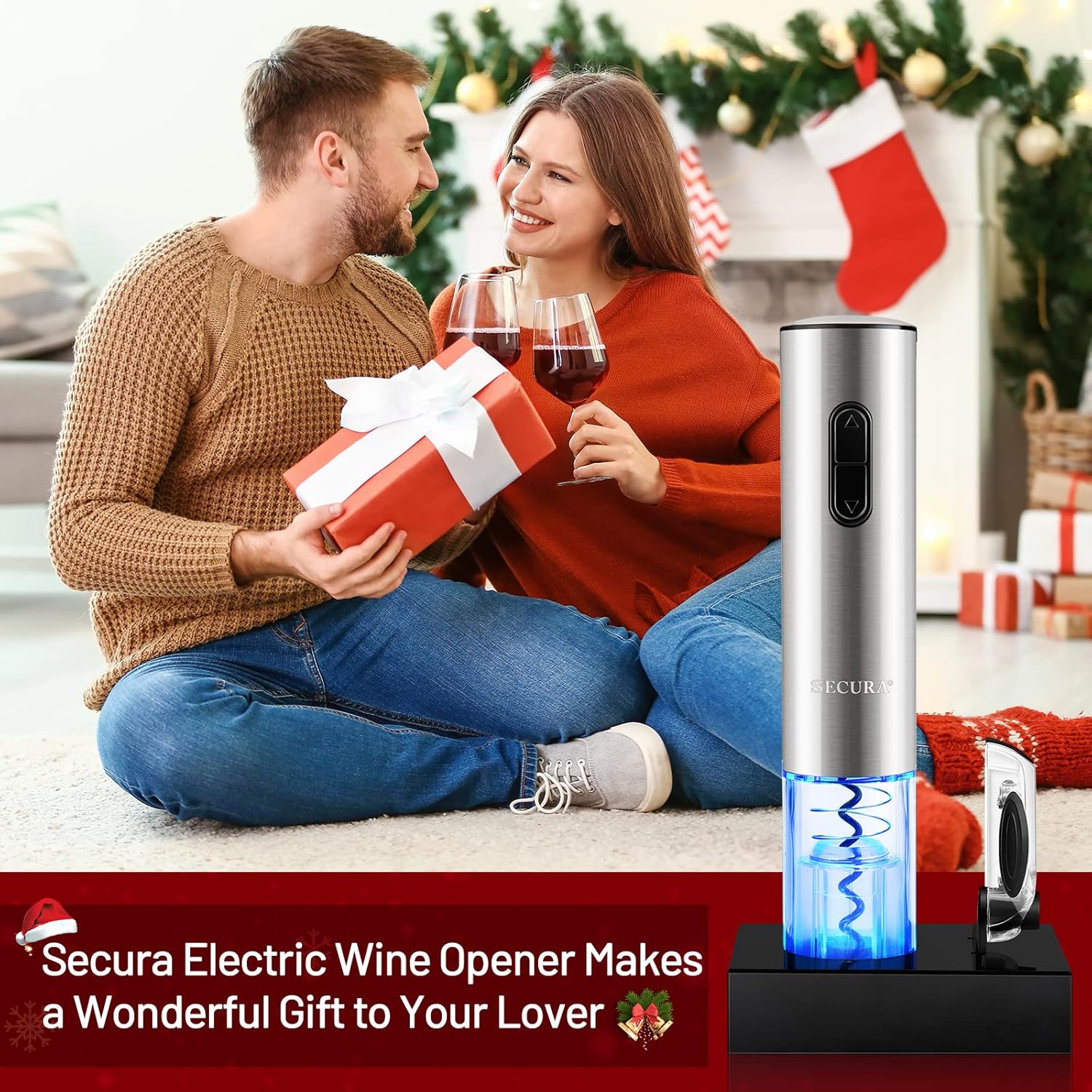 Secura Electric Wine Opener, Automatic Electric Wine Bottle Corkscrew Opener with Foil Cutter, Rechargeable (Stainless Steel)