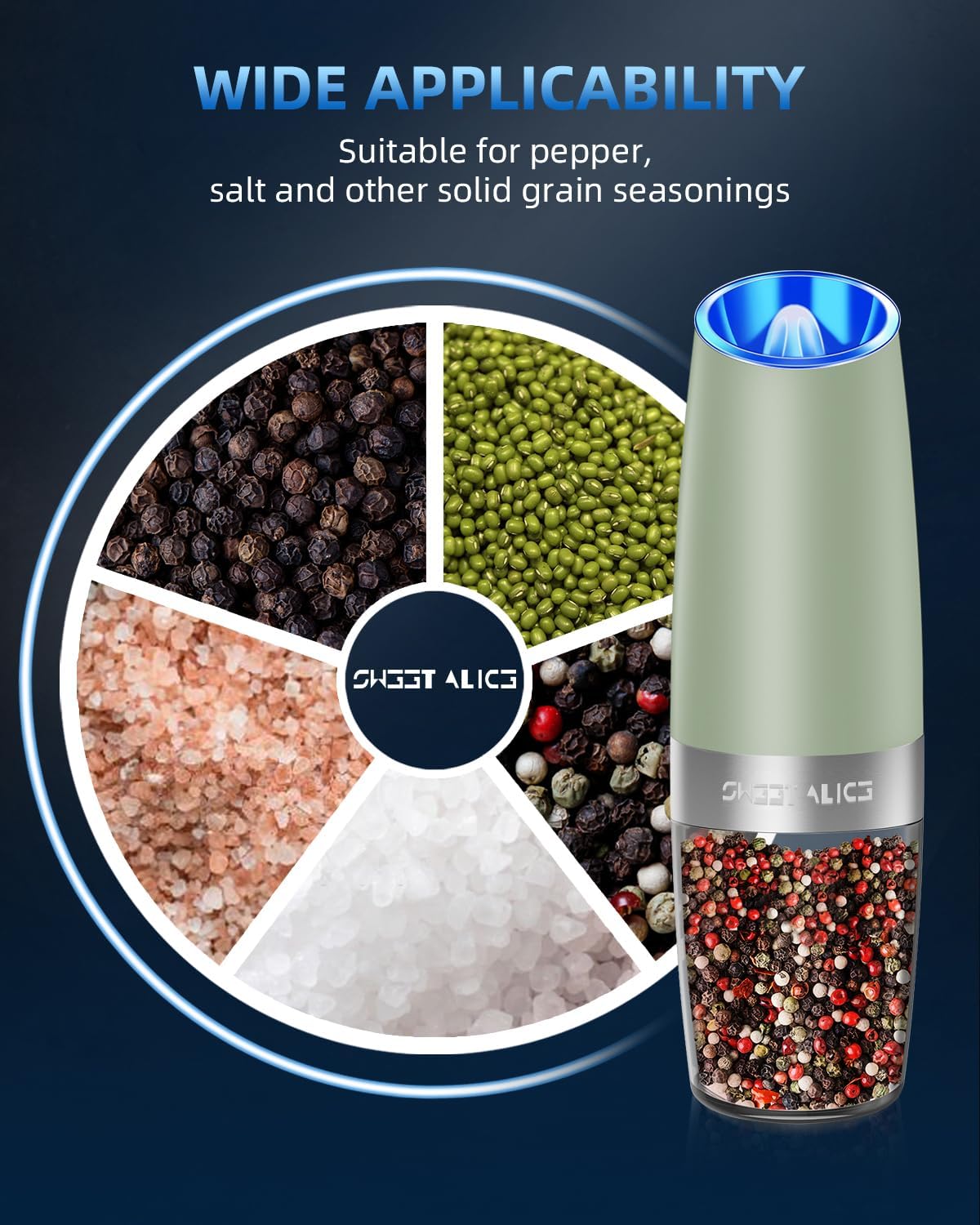 Sweet Alice Gravity Electric Pepper and Salt Grinder Set, Adjustable Coarseness, Battery Powered with LED Light, One Hand Automatic Operation, Stainless Steel Black, 2 Pack
