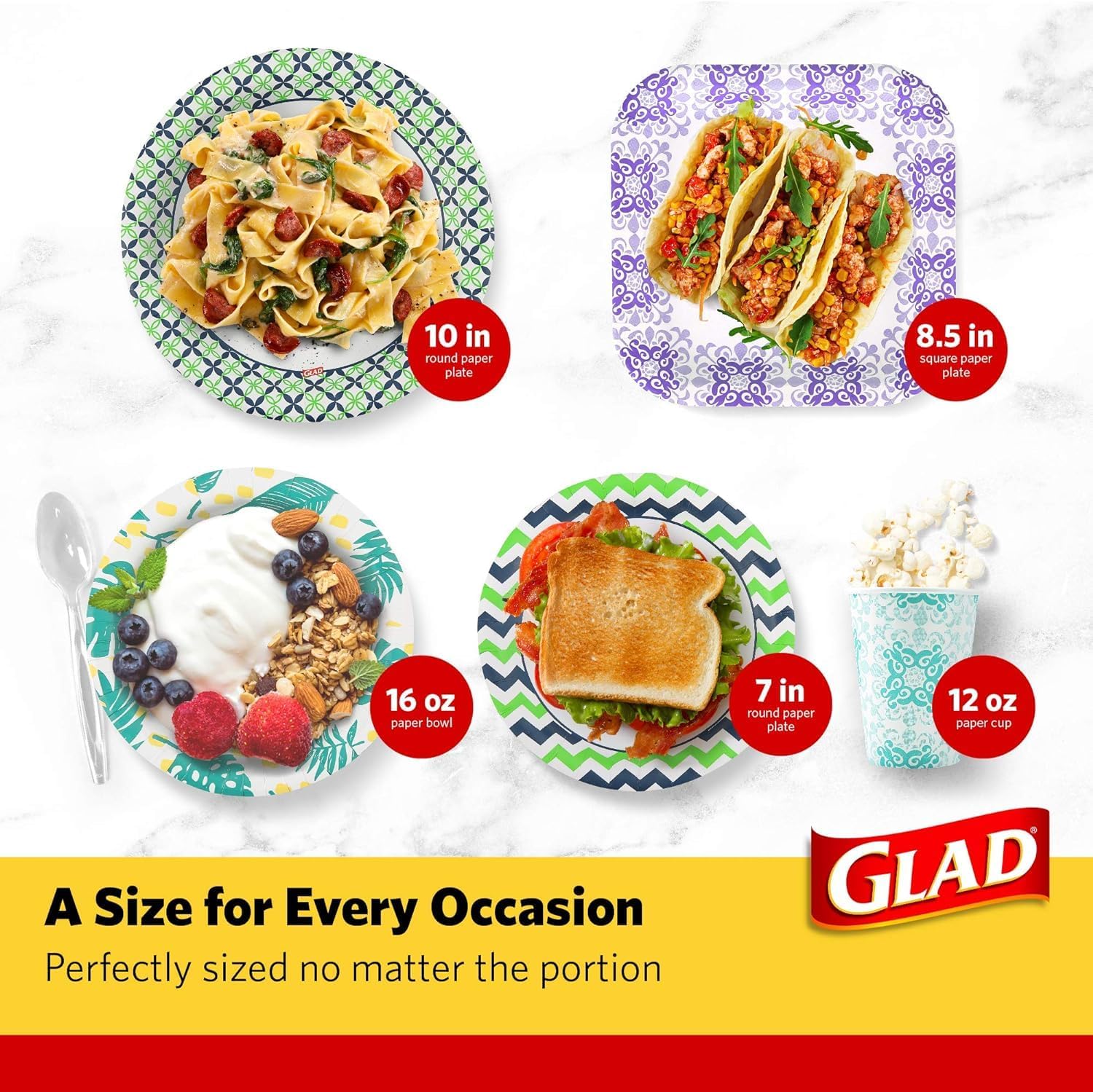 Glad Square Disposable Paper Plates for All Occasions | Soak Proof, Cut Proof, Microwaveable Heavy Duty Disposable Plates | 8.5