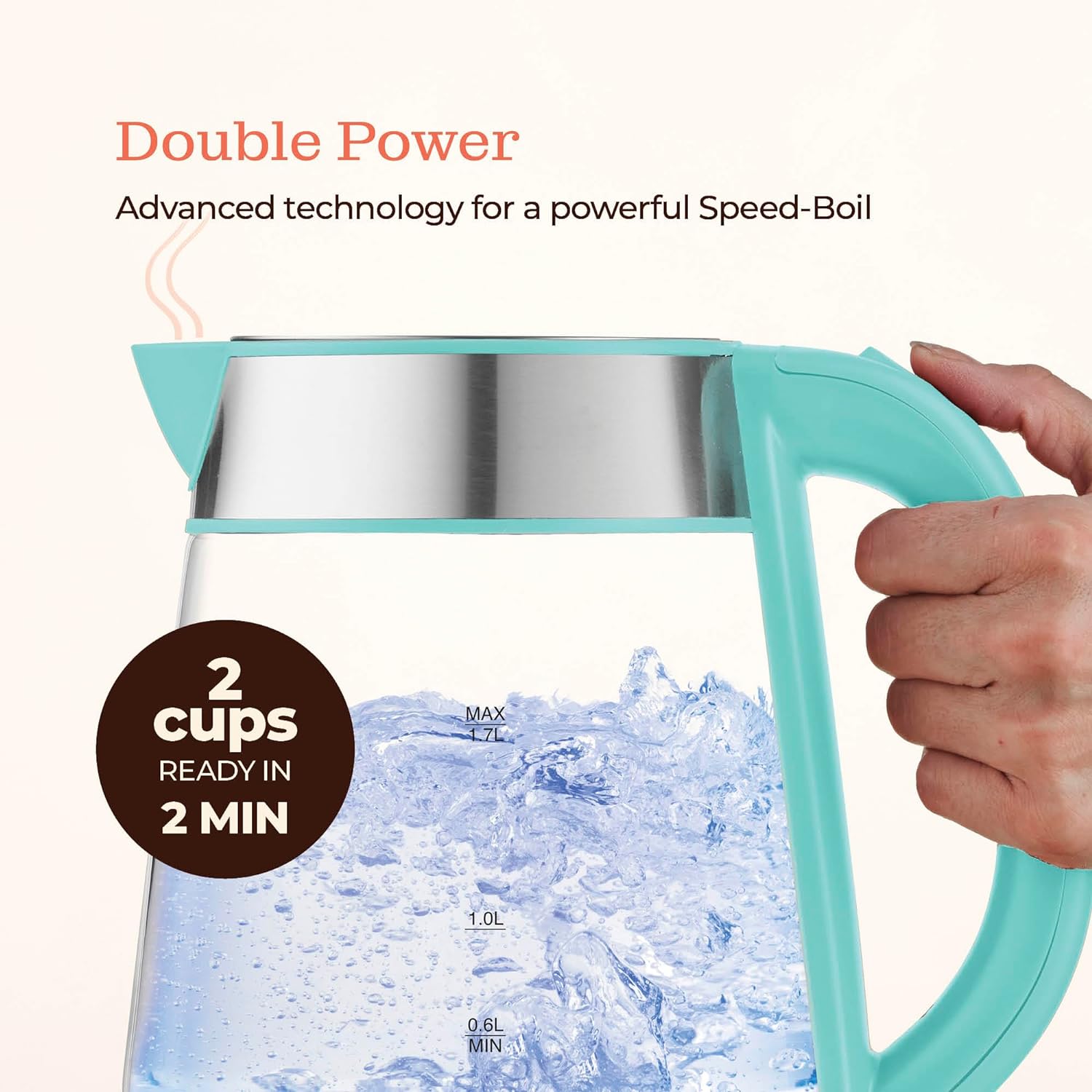 Speed-Boil Electric Kettle For Coffee & Tea - 1.7L Water Boiler 1500W, Borosilicate Glass, Easy Clean Wide Opening, Auto Shut-Off, Cool Touch Handle, LED Light. 360° Rotation, Boil Dry Protection