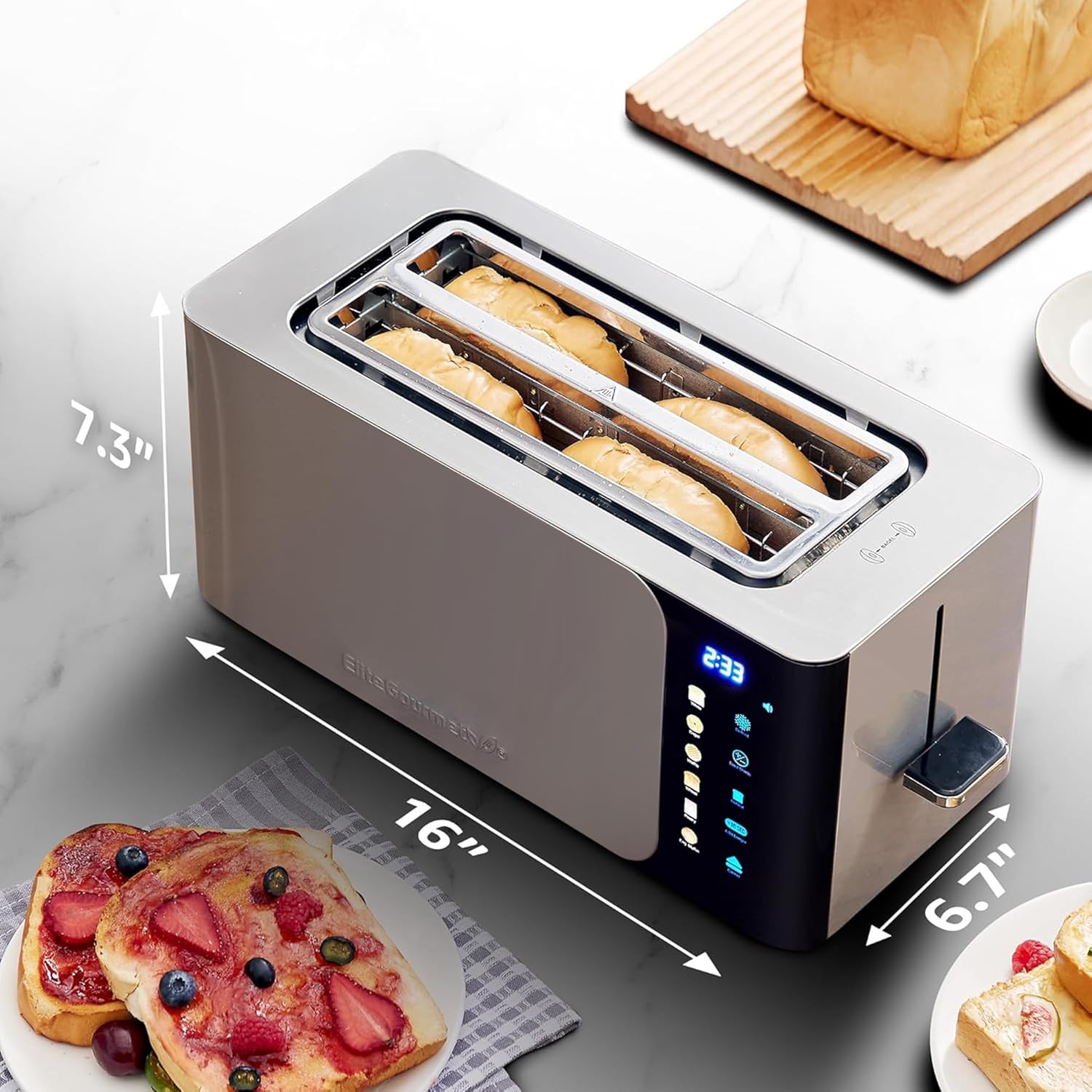 Elite Gourmet ECT-3100 Long Slot 4 Slice Toaster, Reheat, 6 Toast Settings, Defrost, Cancel Functions, Built-in Warming Rack, Extra Wide Slots for Bagels & Waffles, Stainless Steel & Black