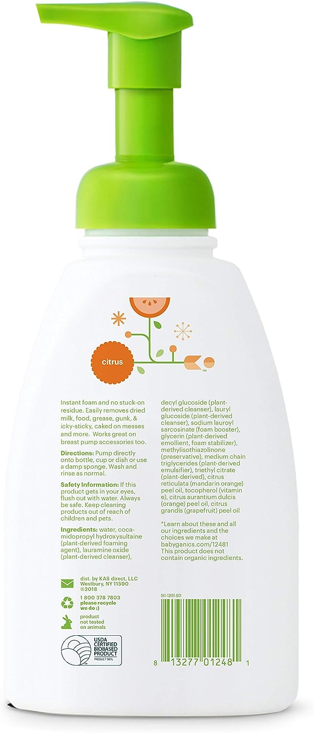Babyganics Foaming Dish & Bottle Soap, Pump Bottle, Fragrance Free, Plant-Derived Cleaning Power, Removes Dried Milk, 16 Fl Oz, (Pack of 3), Packaging May Vary