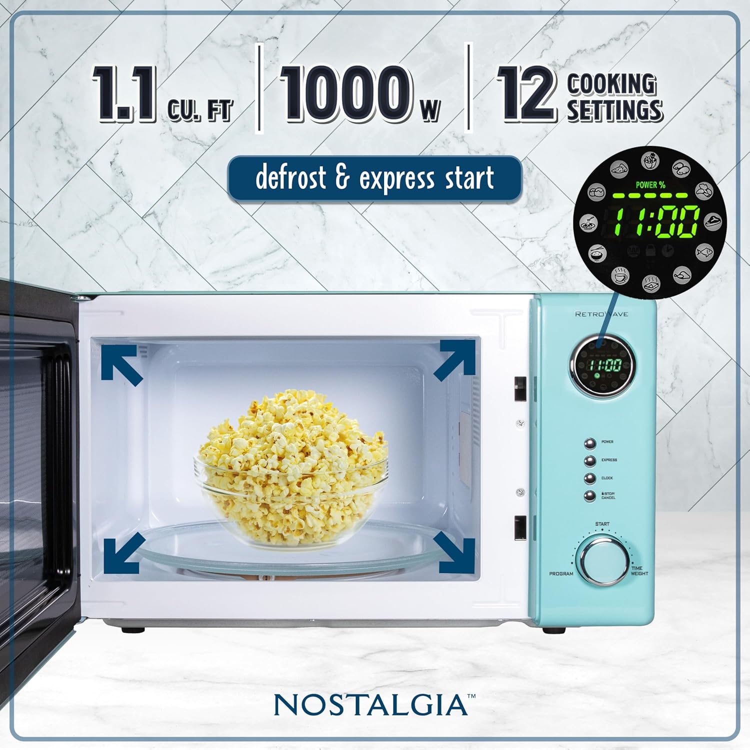 Nostalgia Retro Compact Countertop Microwave Oven - 0.7 Cu. Ft. - 700-Watts with LED Digital Display - Child Lock - Easy Clean Interior - Aqua