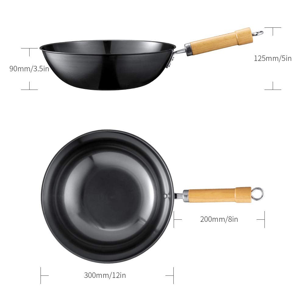 Wok Pan 12 inch High Carbon Steel Stir Fry Pan with Detachable Wood Handle